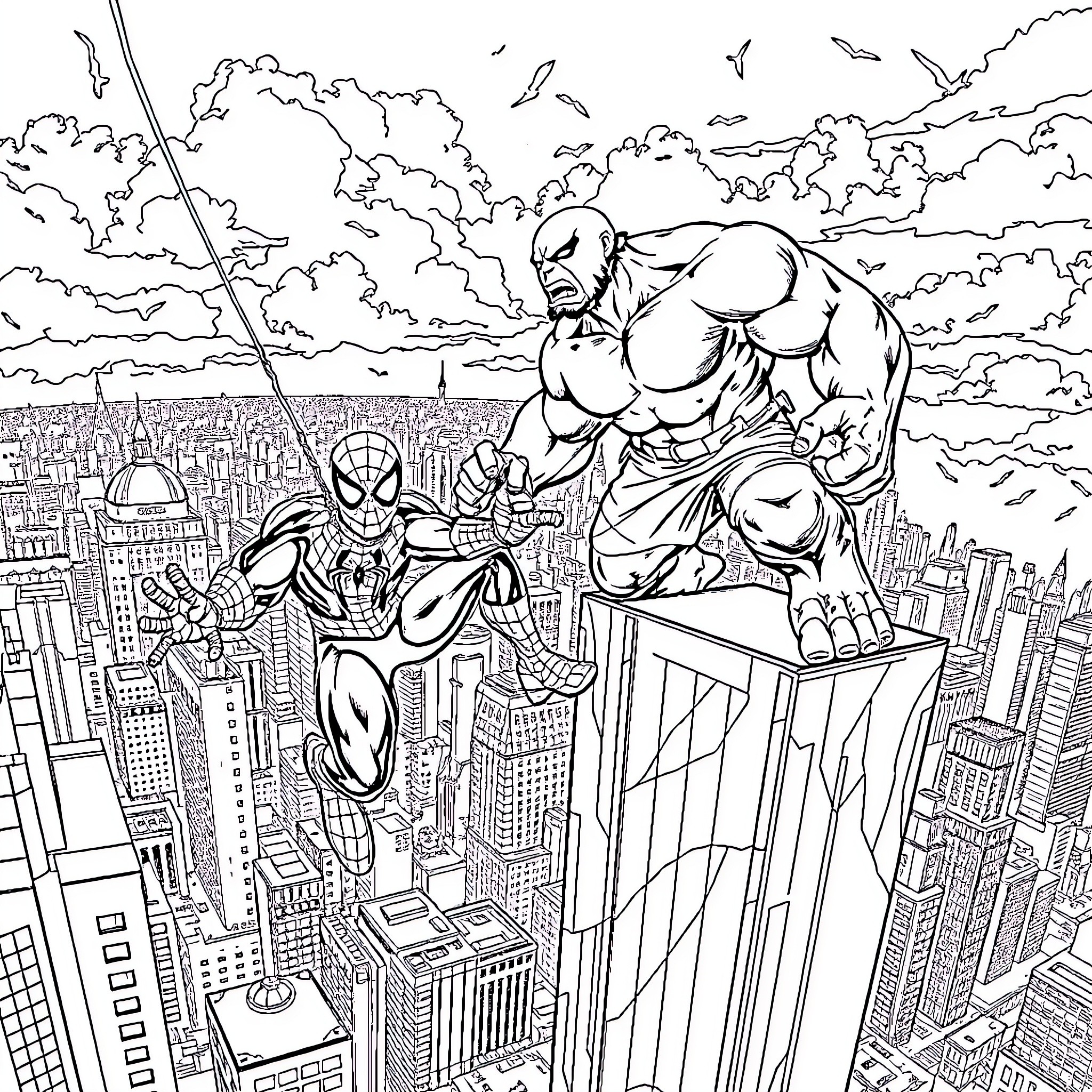 Spiderman swinging through the city with a powerful ally Coloring Page (free black-and-white line drawing printable PDF for all, from beginners to advanced learners, including children, teens, adults, and seniors)