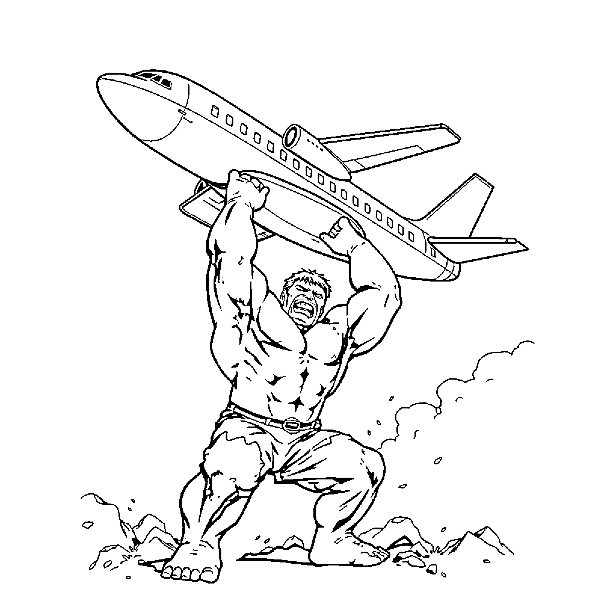 Hulk lifts giant aircraft with immense strength Coloring Page (free black-and-white line drawing printable PDF for all, from beginners to advanced learners, including children, teens, adults, and seniors)
