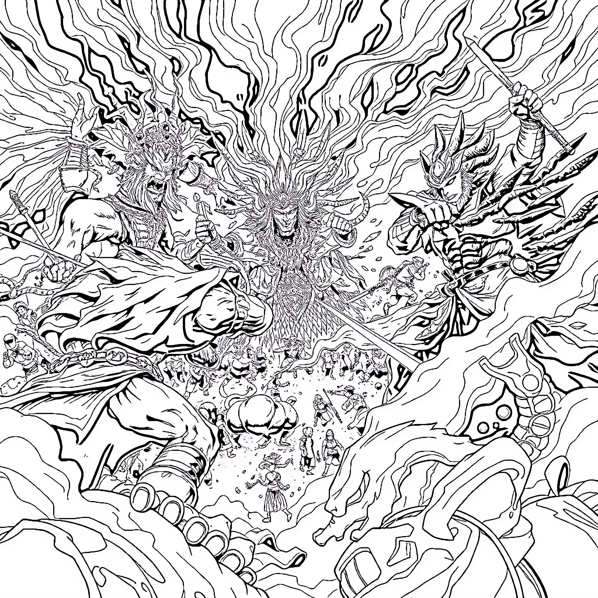 Record of Ragnarok: Epic Clash of Mythical Beings Coloring Page (free black-and-white line drawing printable PDF for all, from beginners to advanced learners, including children, teens, adults, and seniors)