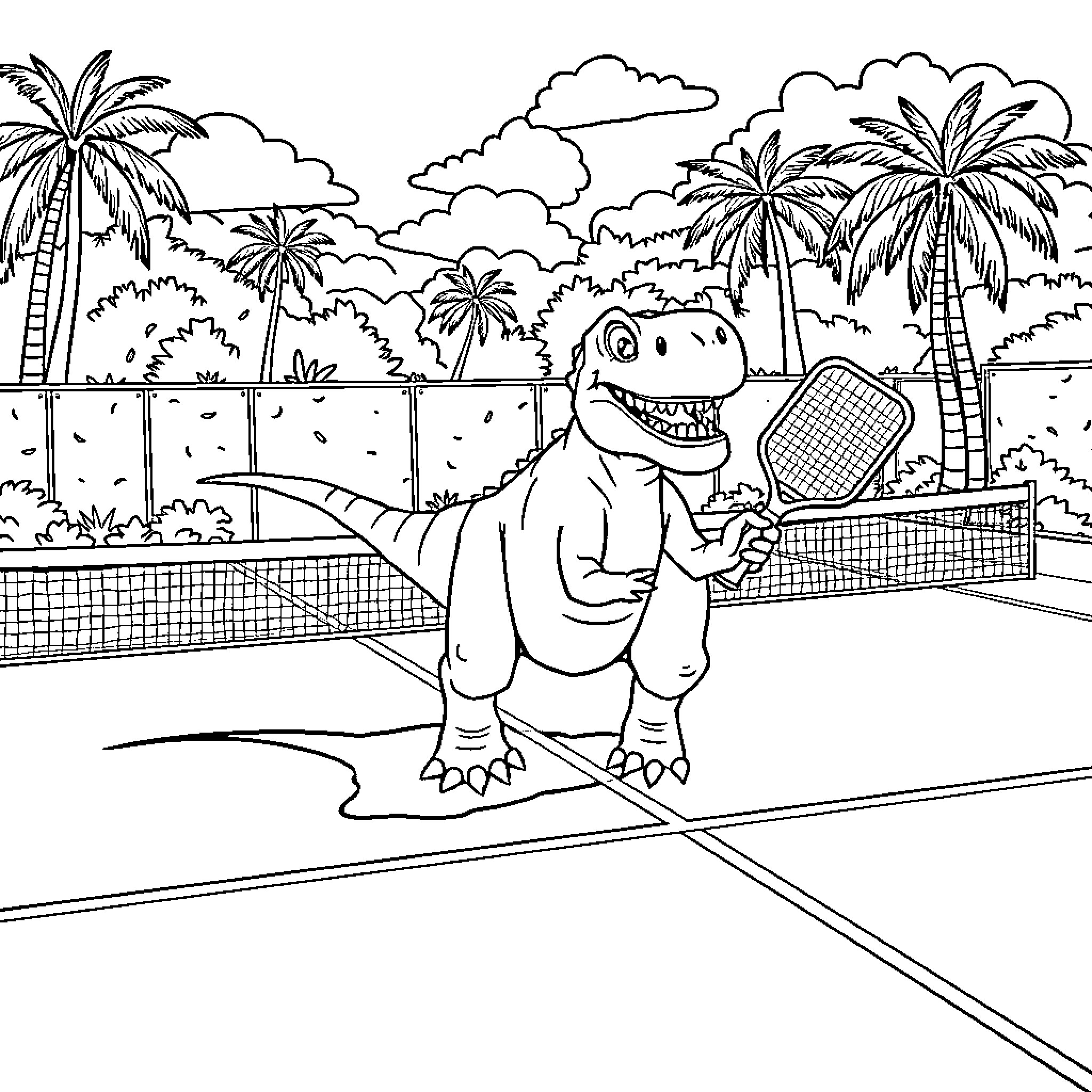 Dinosaur playing tennis on the beach Coloring Page (free black-and-white line drawing printable PDF for all, from beginners to advanced learners, including children, teens, adults, and seniors)