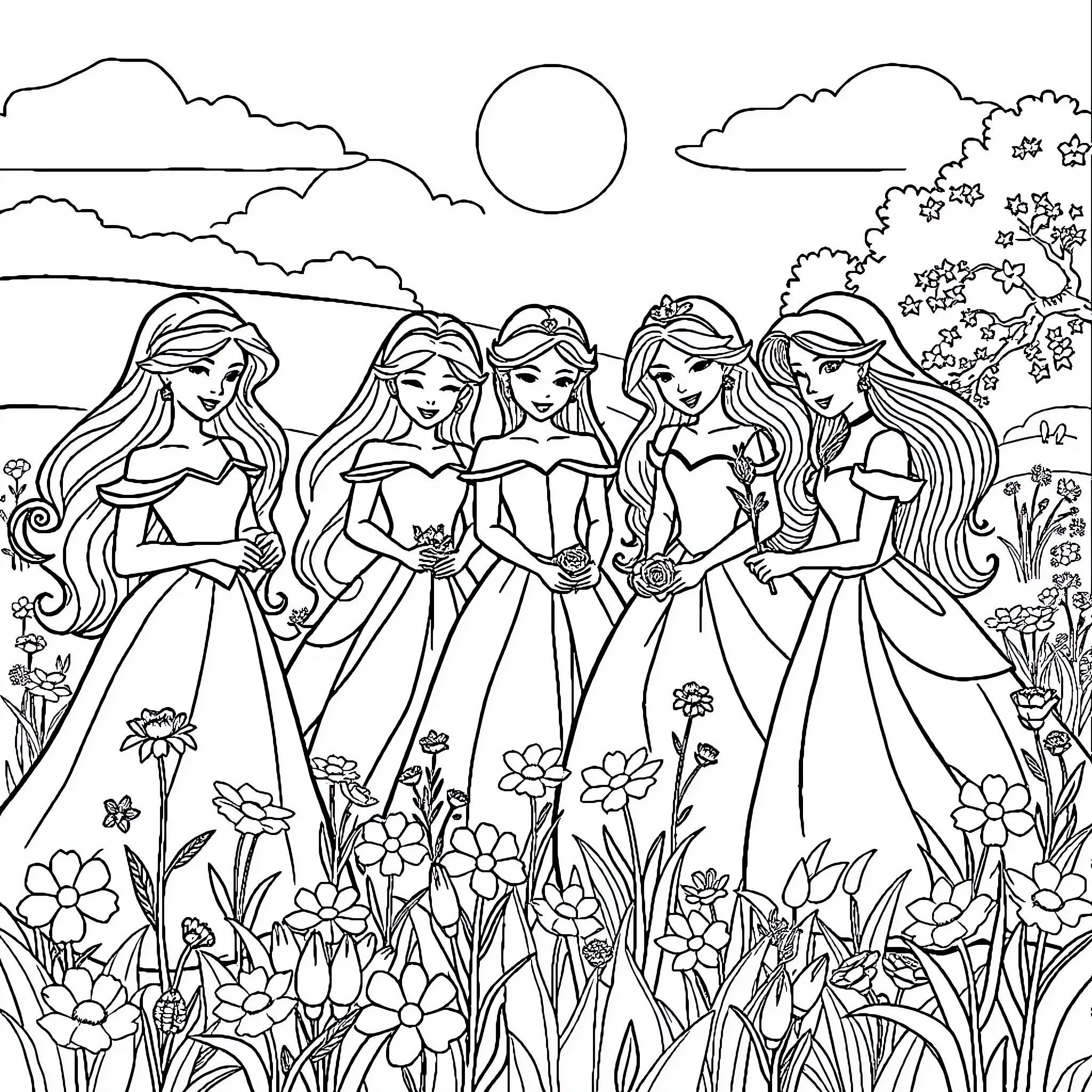 Princess Enjoying Enchanting Garden with Friends Coloring Page (free black-and-white line drawing printable PDF for all, from beginners to advanced learners, including children, teens, adults, and seniors)