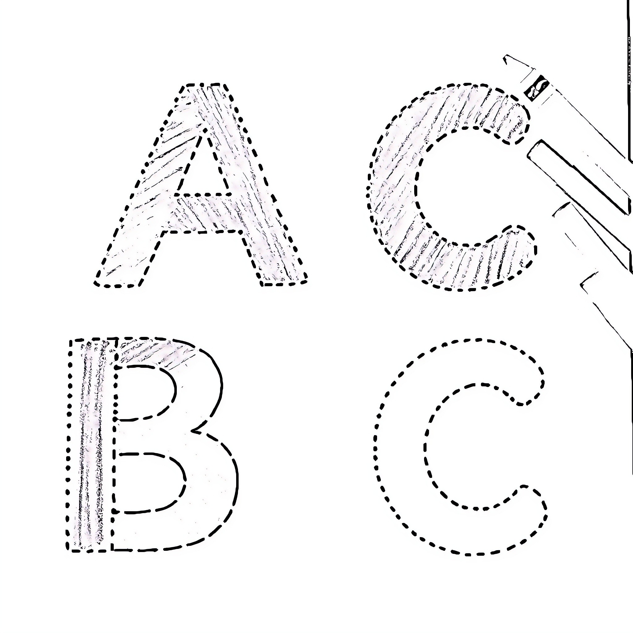 ABC Letters outlined for tracing practice Coloring Page (free black-and-white line drawing printable PDF for all, from beginners to advanced learners, including children, teens, adults, and seniors)