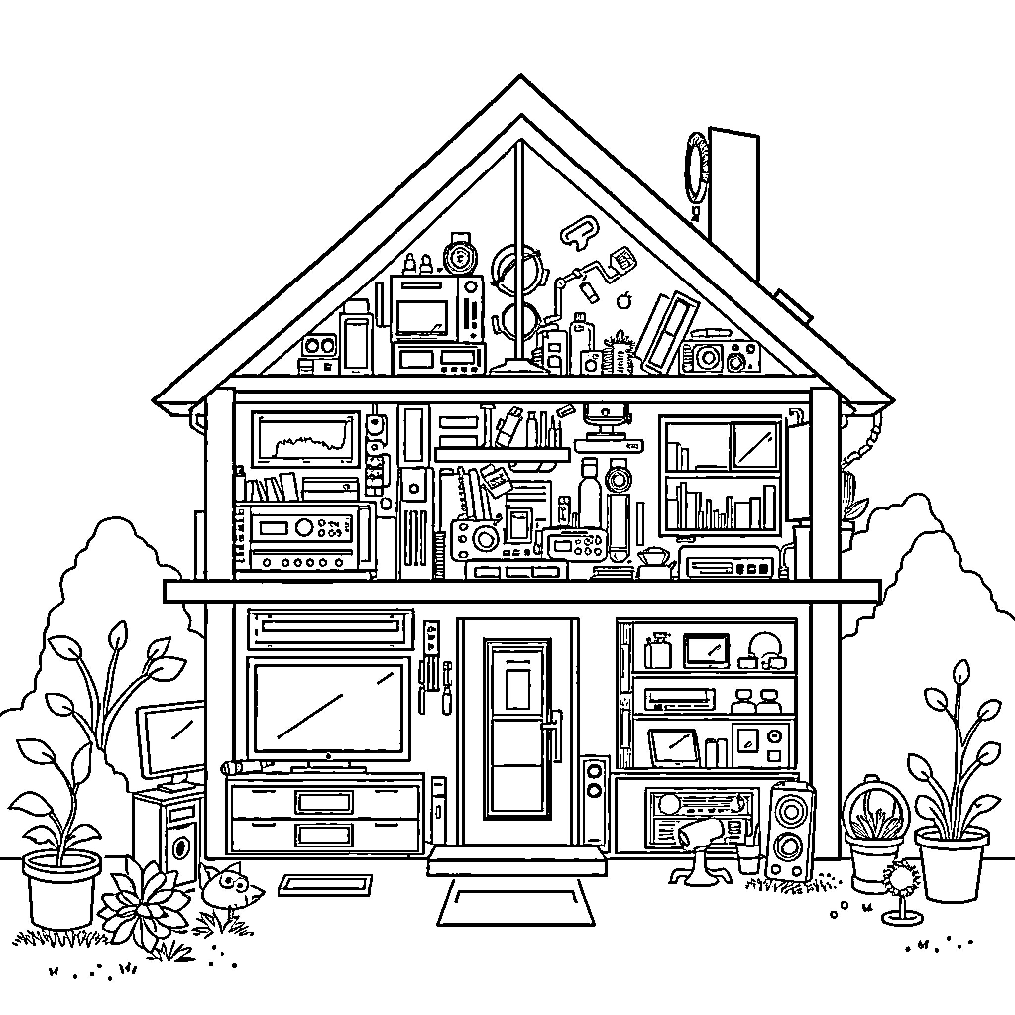 House Filled with Various Household Items Coloring Page (free black-and-white line drawing printable PDF for all, from beginners to advanced learners, including children, teens, adults, and seniors)