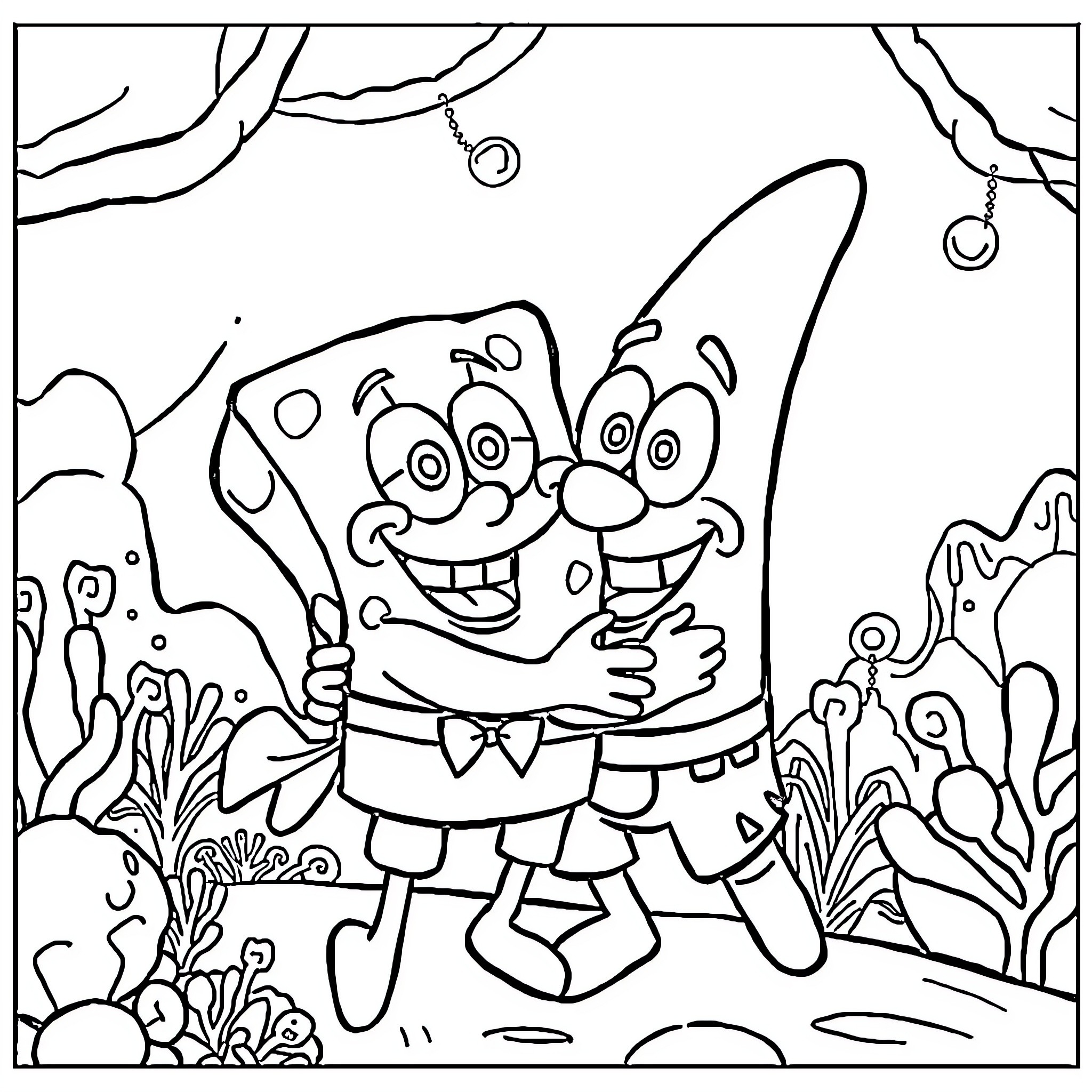 Spongebob's undersea adventure with happy expressions Coloring Page (free black-and-white line drawing printable PDF for all, from beginners to advanced learners, including children, teens, adults, and seniors)