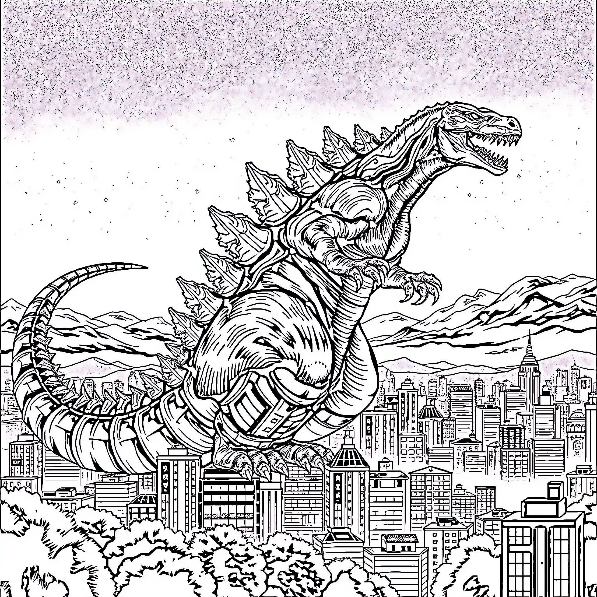 Godzilla destroys the city with its powerful stance Coloring Page (free black-and-white line drawing printable PDF for all, from beginners to advanced learners, including children, teens, adults, and seniors)
