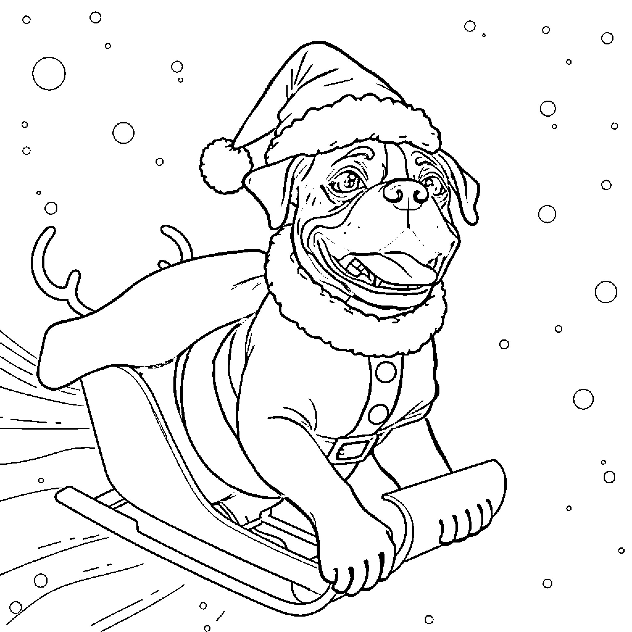 Boxer dog in winter outfit riding sled Coloring Page (free black-and-white line drawing printable PDF for all, from beginners to advanced learners, including children, teens, adults, and seniors)