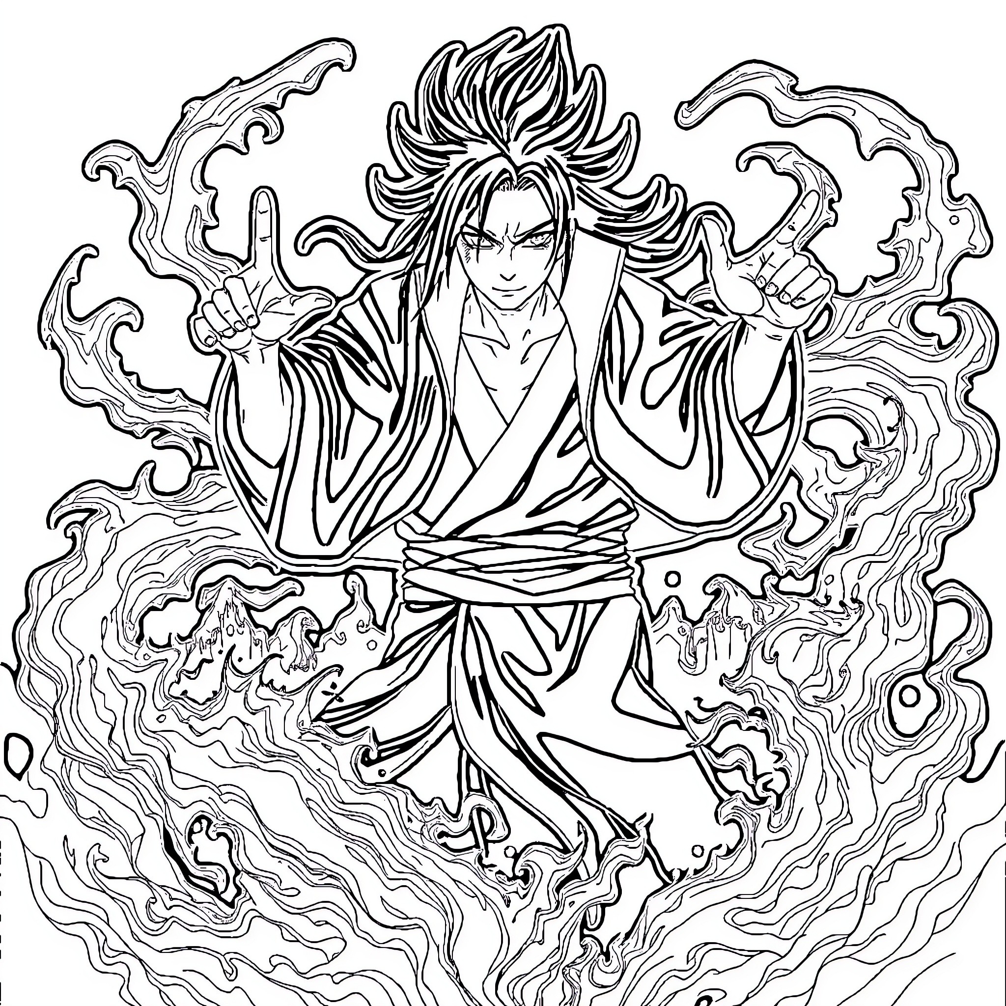 Itachi showcasing his powerful fire-based abilities Coloring Page (free black-and-white line drawing printable PDF for all, from beginners to advanced learners, including children, teens, adults, and seniors)