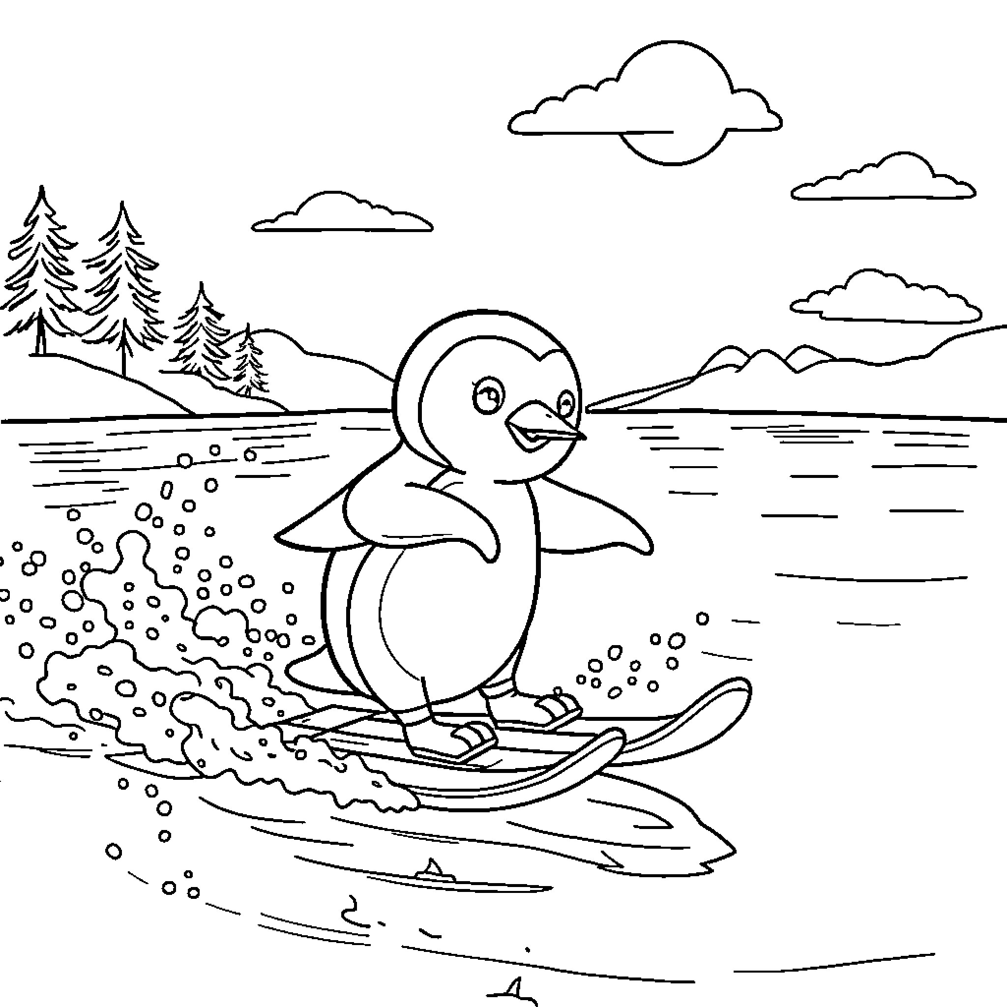 Penguin enjoying a day of winter sports Coloring Page (free black-and-white line drawing printable PDF for all, from beginners to advanced learners, including children, teens, adults, and seniors)