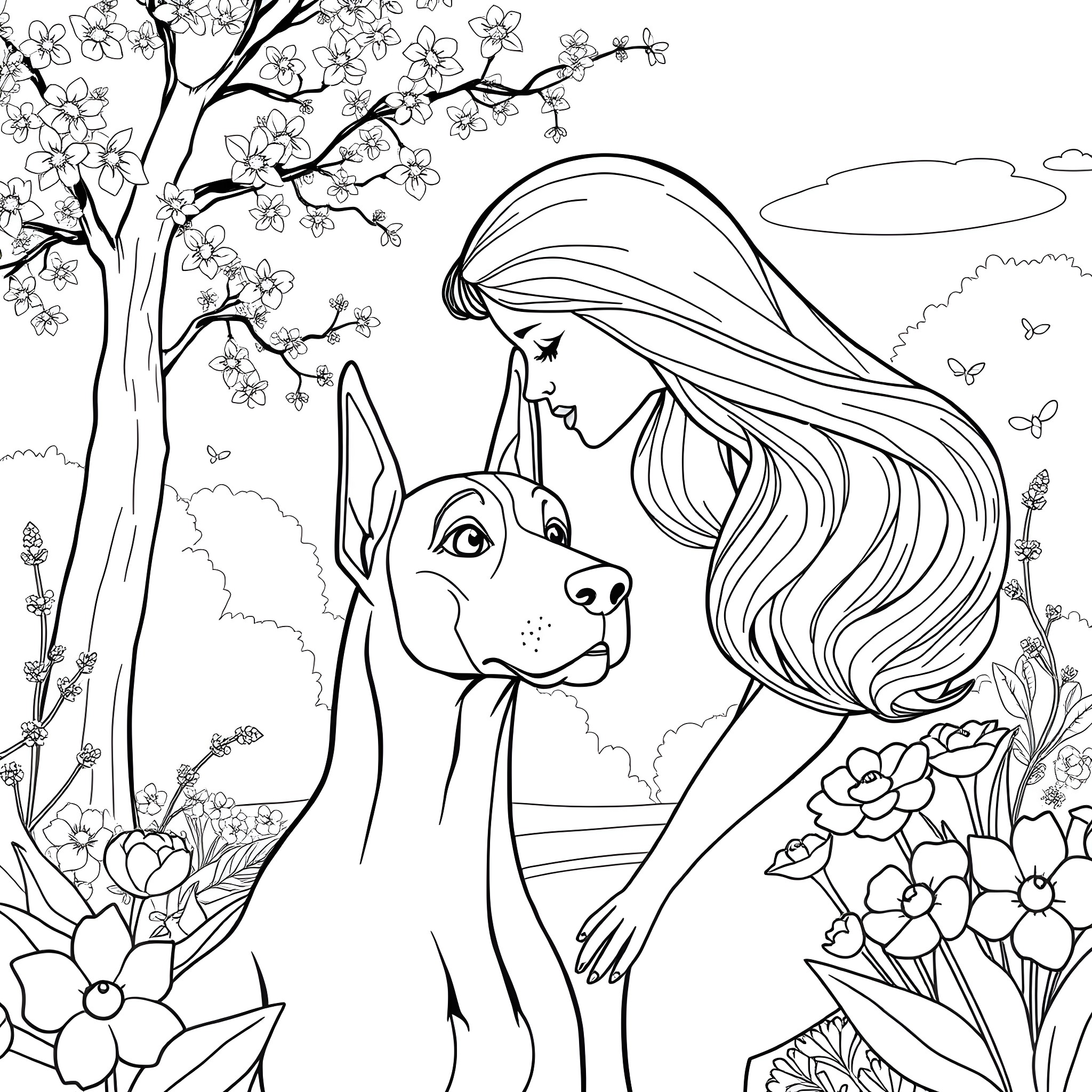 Barbie's Springtime Adventure with Pet Dog Coloring Page (free black-and-white line drawing printable PDF for all, from beginners to advanced learners, including children, teens, adults, and seniors)