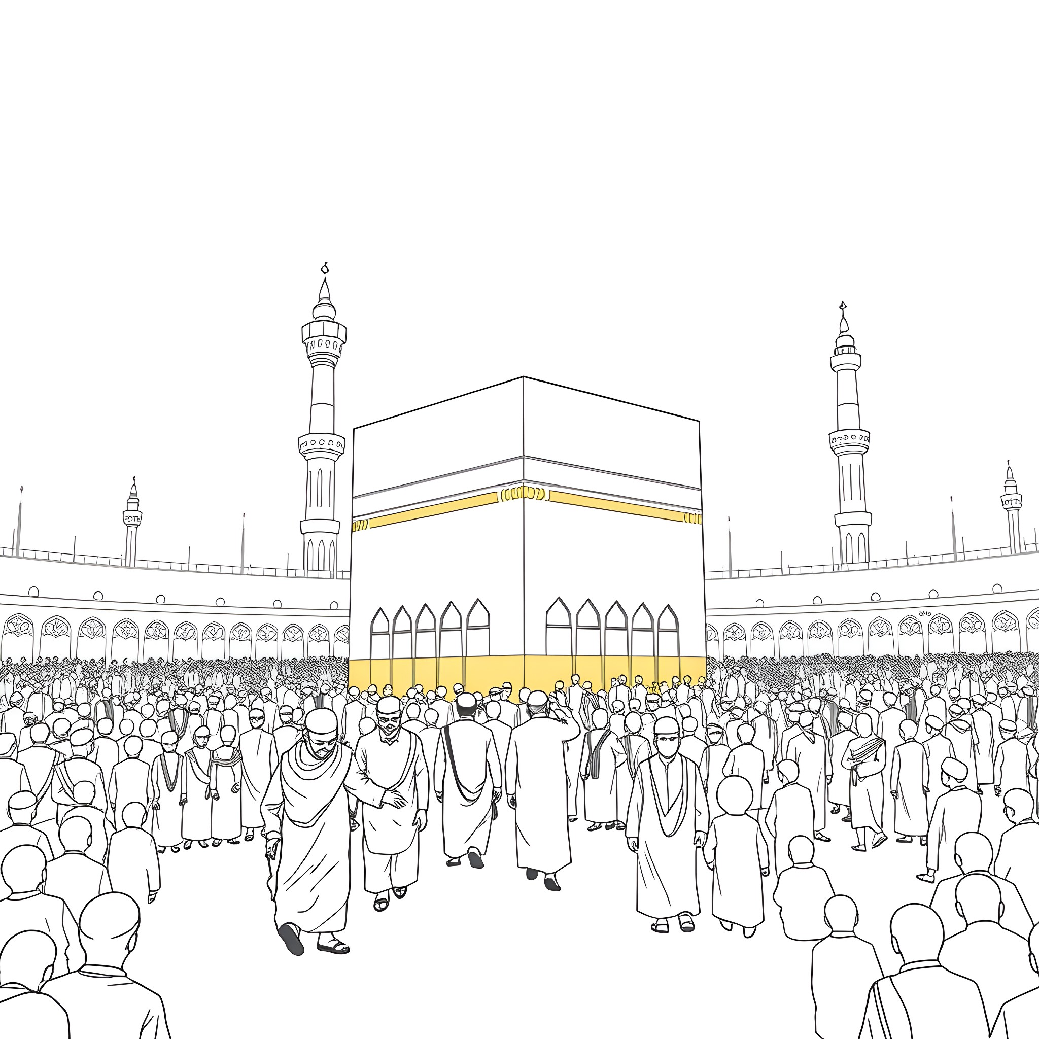 Kabah pilgrimage amid crowds of worshippers Coloring Page (free black-and-white line drawing printable PDF for all, from beginners to advanced learners, including children, teens, adults, and seniors)