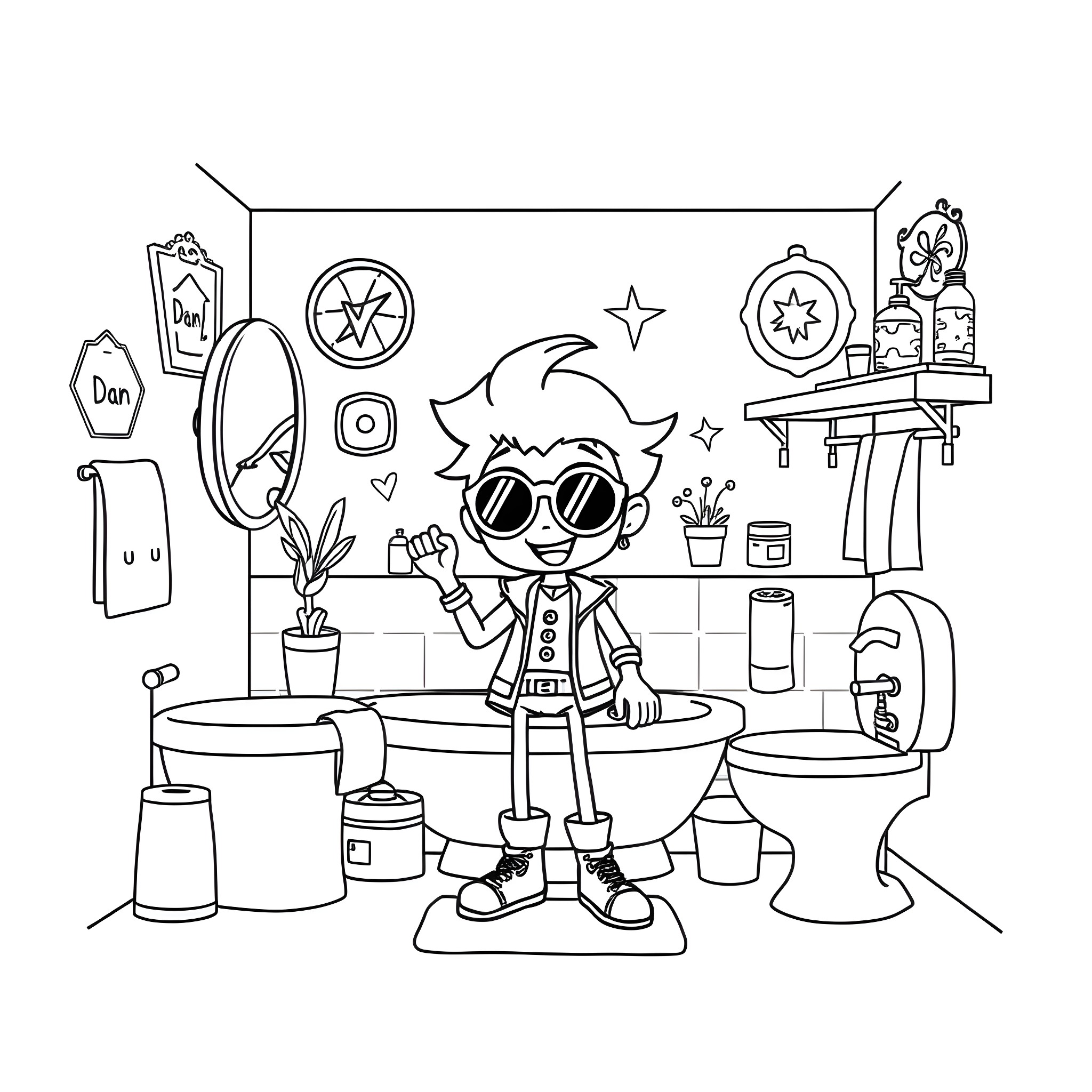 Taylor Swift posing playfully in a quirky bathroom setting Coloring Page (free black-and-white line drawing printable PDF for all, from beginners to advanced learners, including children, teens, adults, and seniors)