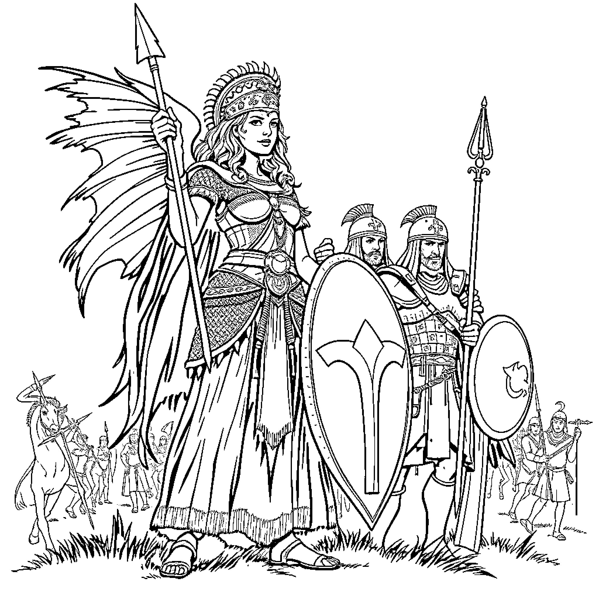 Boudica leading her warriors in battle Coloring Page (free black-and-white line drawing printable PDF for all, from beginners to advanced learners, including children, teens, adults, and seniors)