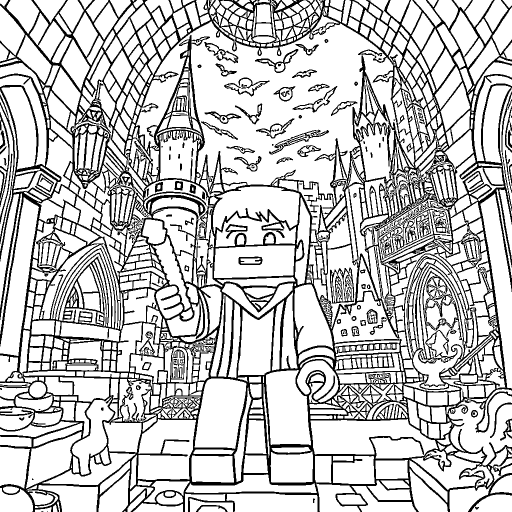 Minecraft Character Exploring a Fantastical Castle Coloring Page (free black-and-white line drawing printable PDF for all, from beginners to advanced learners, including children, teens, adults, and seniors)