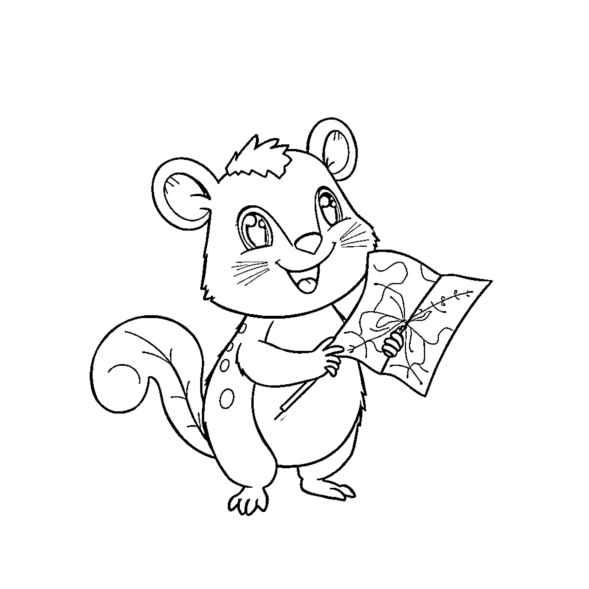 Nibbles Maplestick holding a patterned book Coloring Page (free black-and-white line drawing printable PDF for all, from beginners to advanced learners, including children, teens, adults, and seniors)