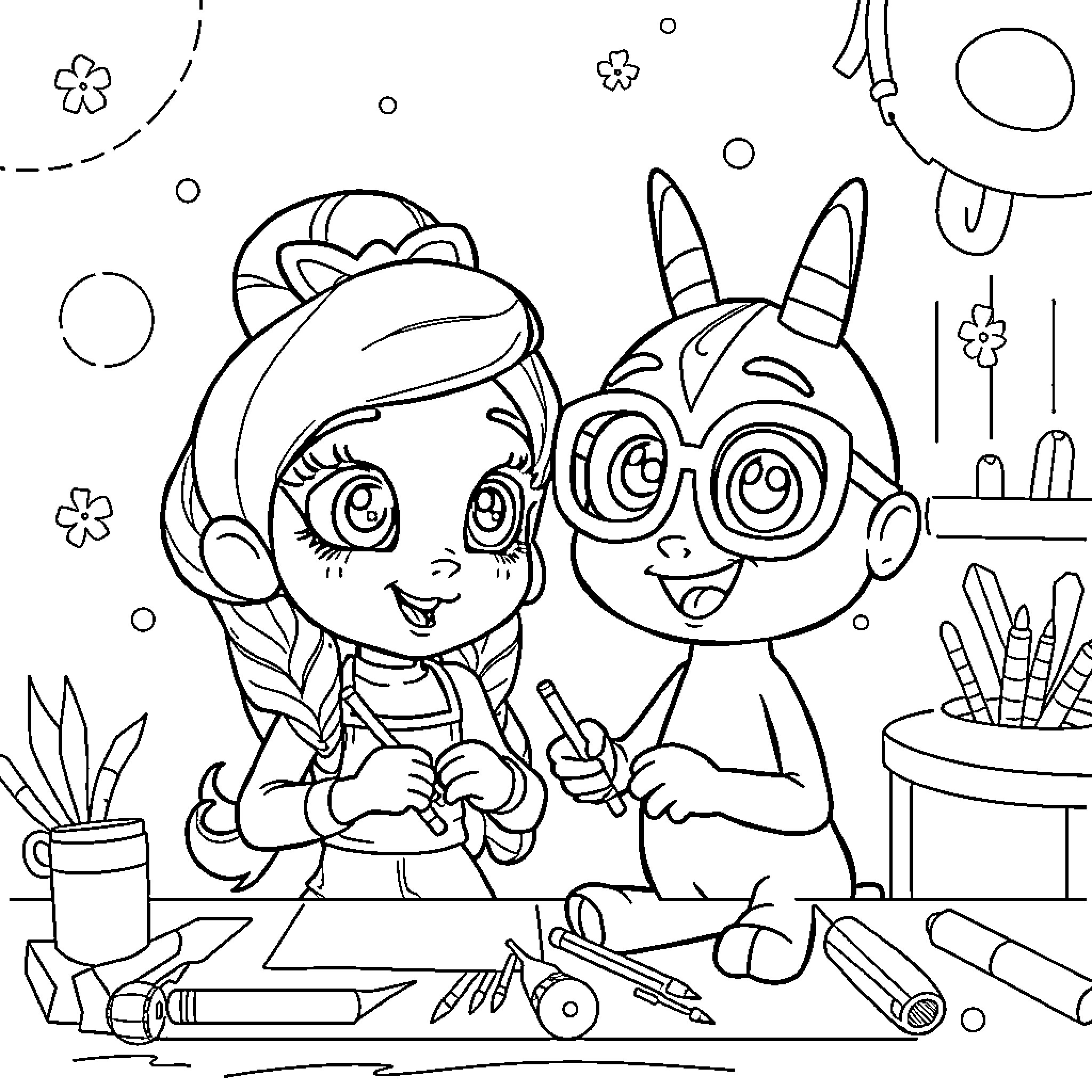 Meekah's Art Studio Adventure with Magical Friend Coloring Page (free black-and-white line drawing printable PDF for all, from beginners to advanced learners, including children, teens, adults, and seniors)