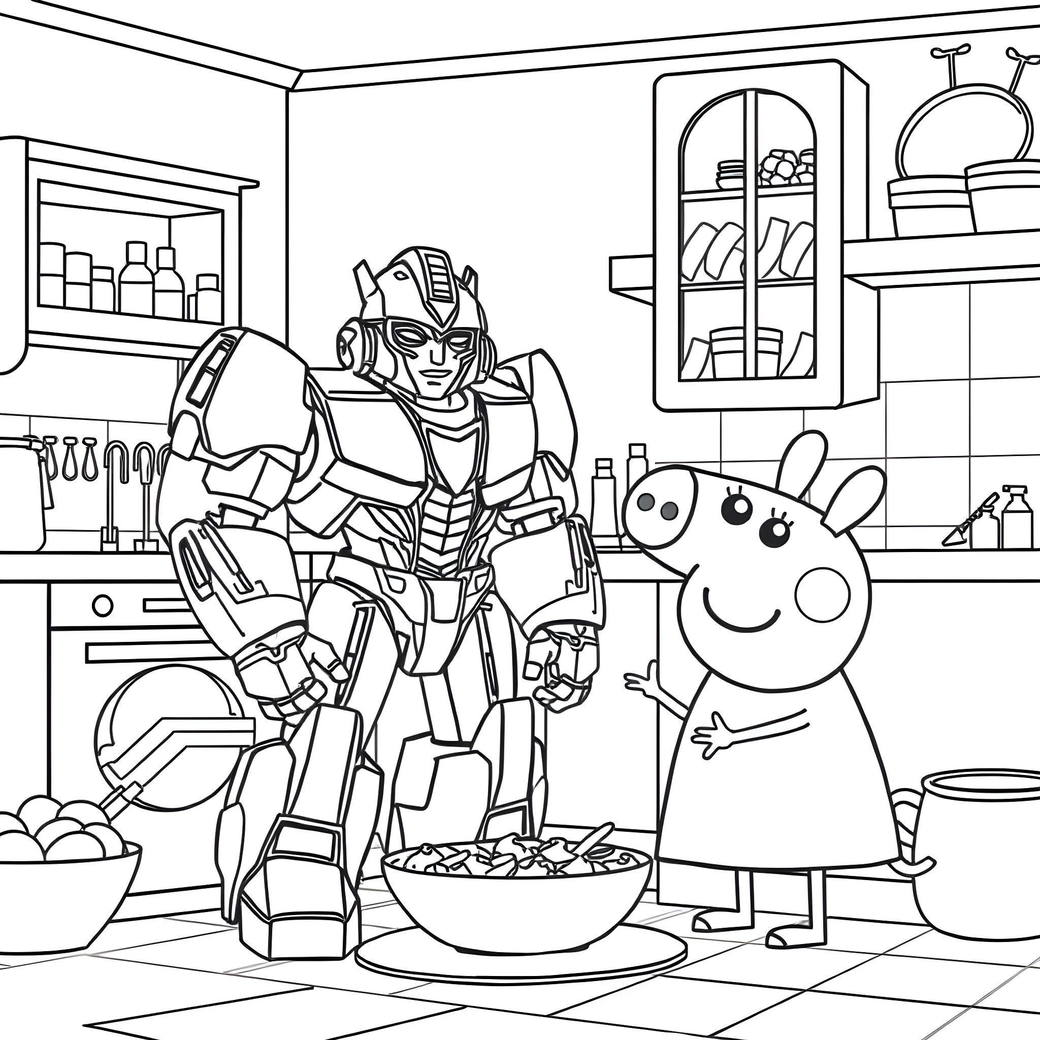 Bumblebee and Peppa Pig in the kitchen Coloring Page (free black-and-white line drawing printable PDF for all, from beginners to advanced learners, including children, teens, adults, and seniors)