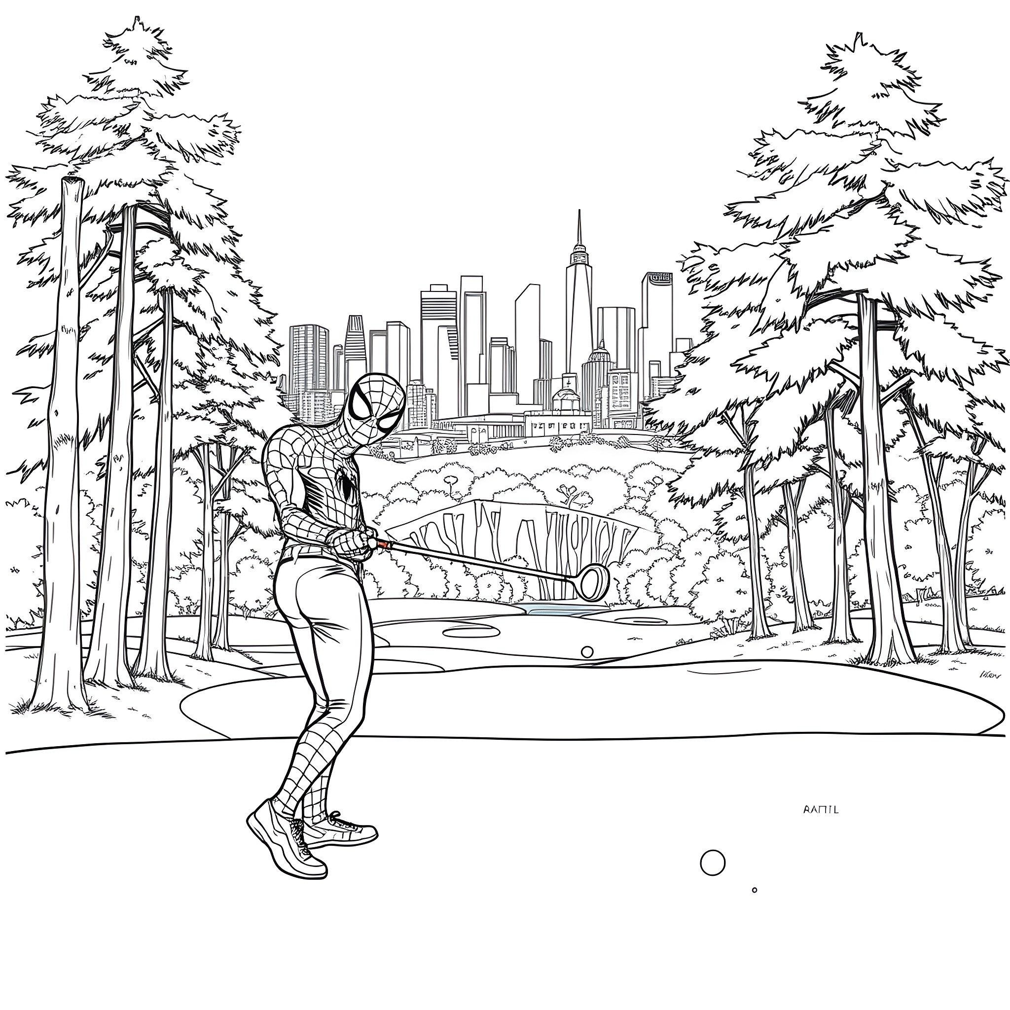 Spiderman exploring the urban forest landscape Coloring Page (free black-and-white line drawing printable PDF for all, from beginners to advanced learners, including children, teens, adults, and seniors)