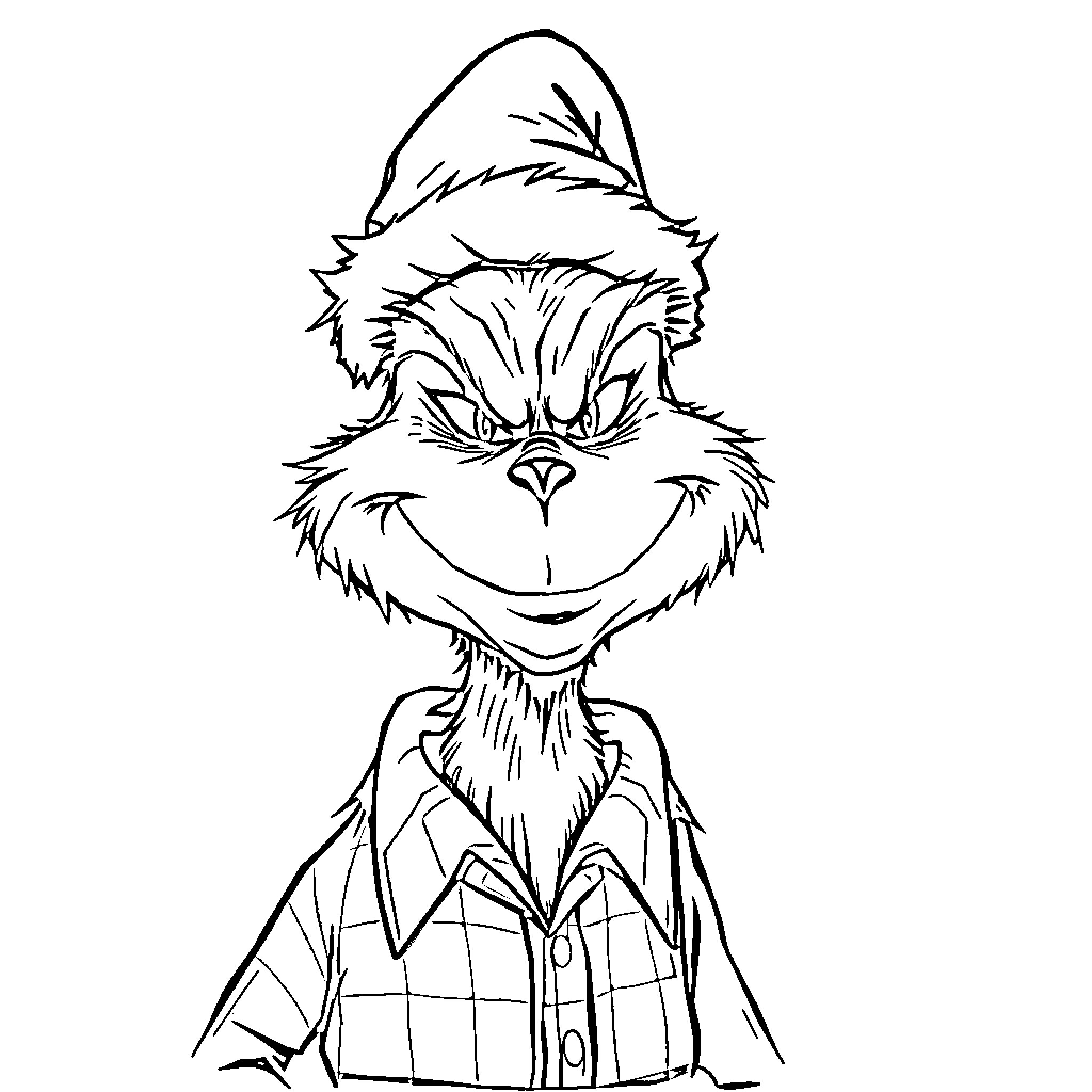 Grinch in mischievous expression and attire Coloring Page (free black-and-white line drawing printable PDF for all, from beginners to advanced learners, including children, teens, adults, and seniors)