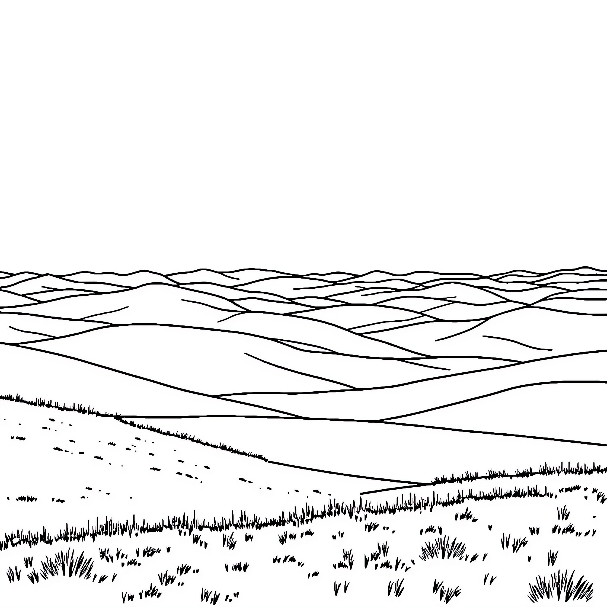 Landscape of rolling hills and grassy terrain Coloring Page (free black-and-white line drawing printable PDF for all, from beginners to advanced learners, including children, teens, adults, and seniors)