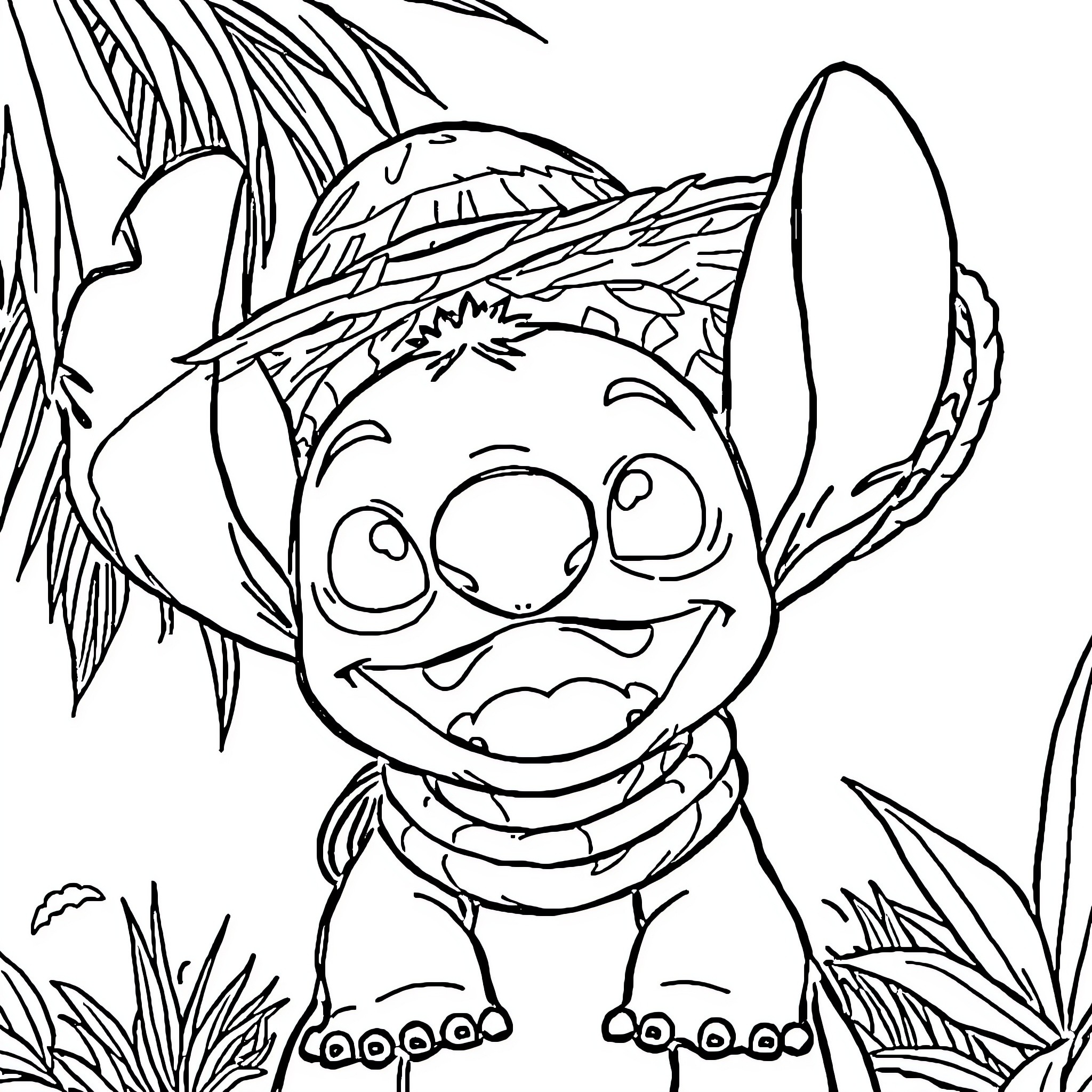 Stitch smiling excitedly in the jungle Coloring Page (free black-and-white line drawing printable PDF for all, from beginners to advanced learners, including children, teens, adults, and seniors)