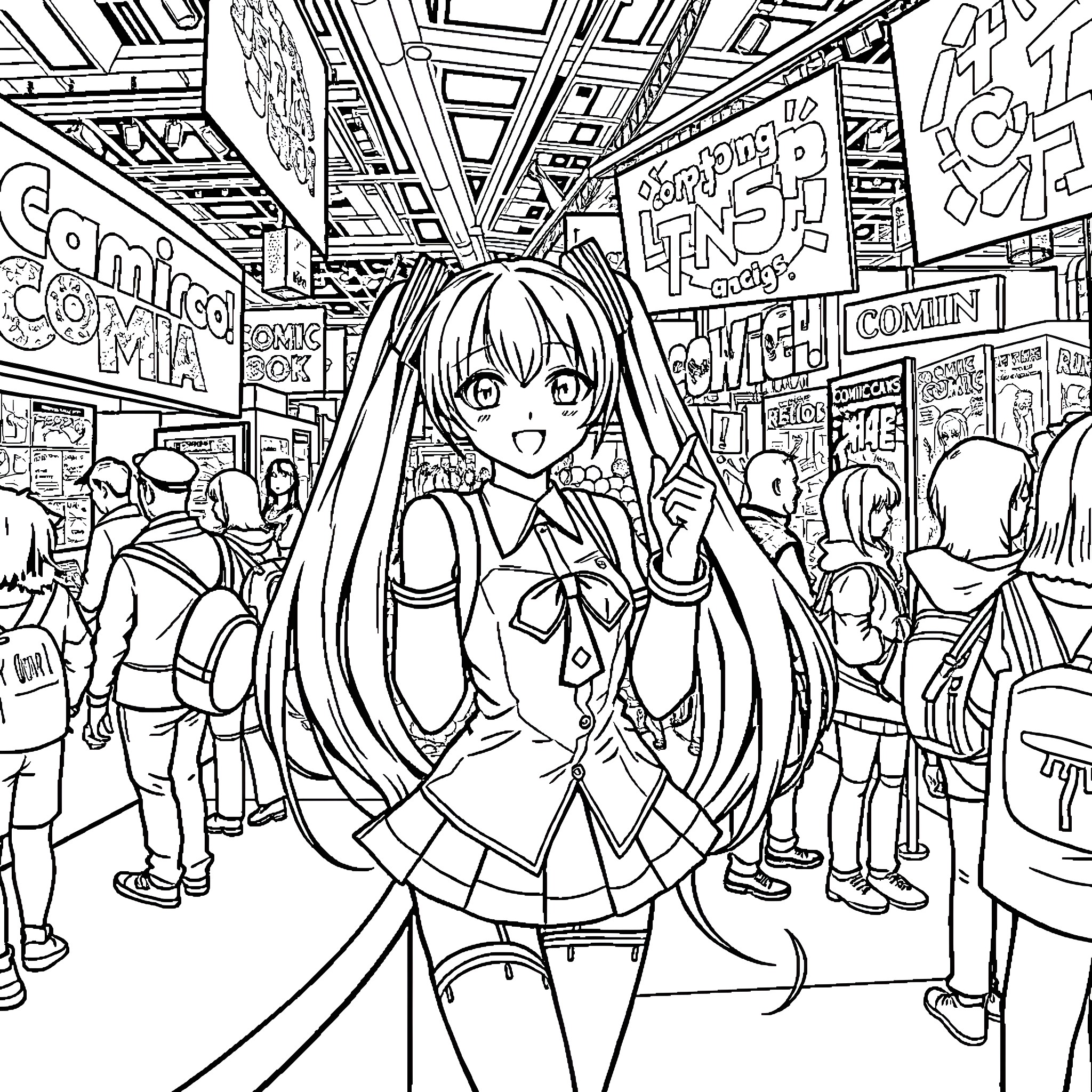 Hatsune Miku at a lively comic convention Coloring Page (free black-and-white line drawing printable PDF for all, from beginners to advanced learners, including children, teens, adults, and seniors)