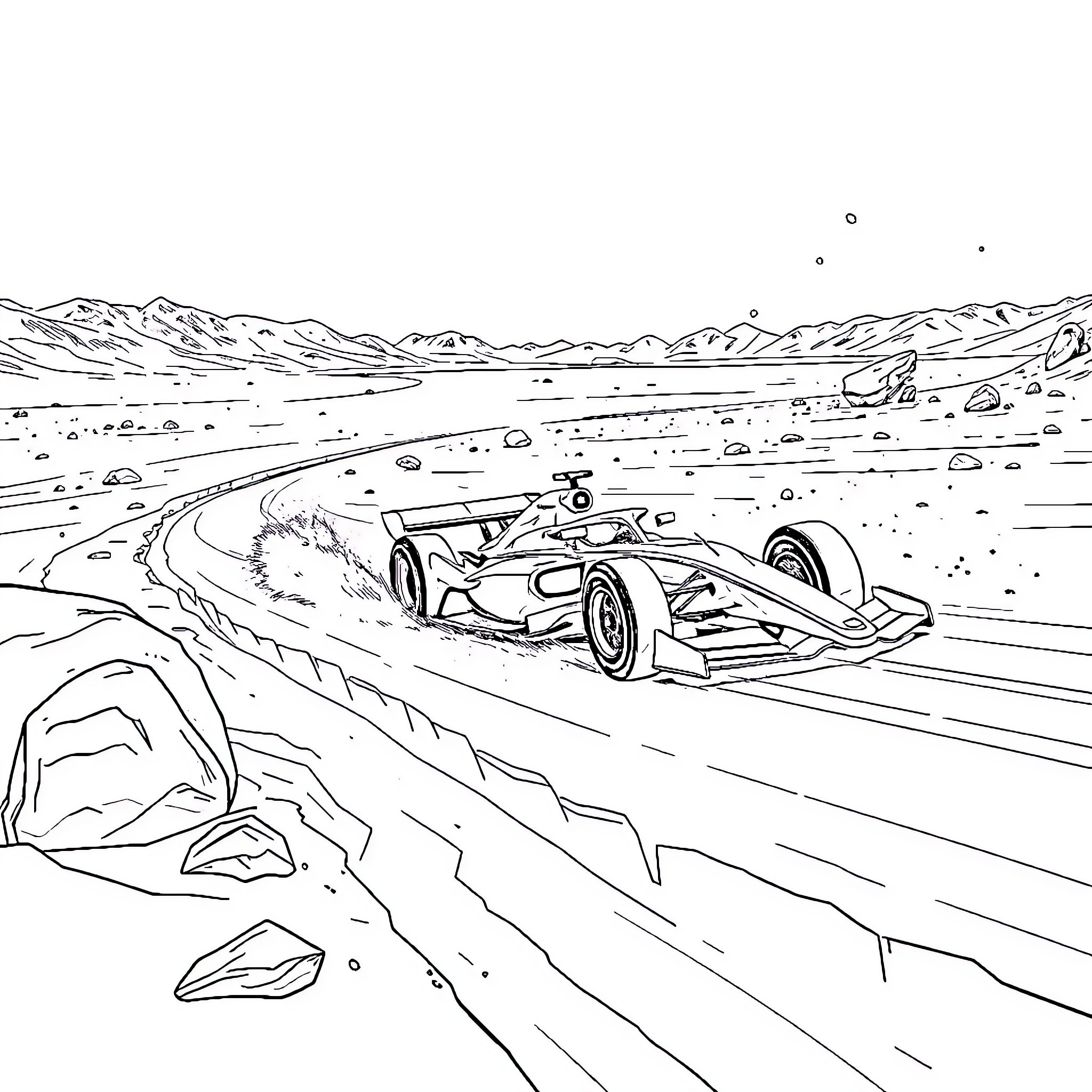 Formula 1 Car speeding through desert landscape Coloring Page (free black-and-white line drawing printable PDF for all, from beginners to advanced learners, including children, teens, adults, and seniors)