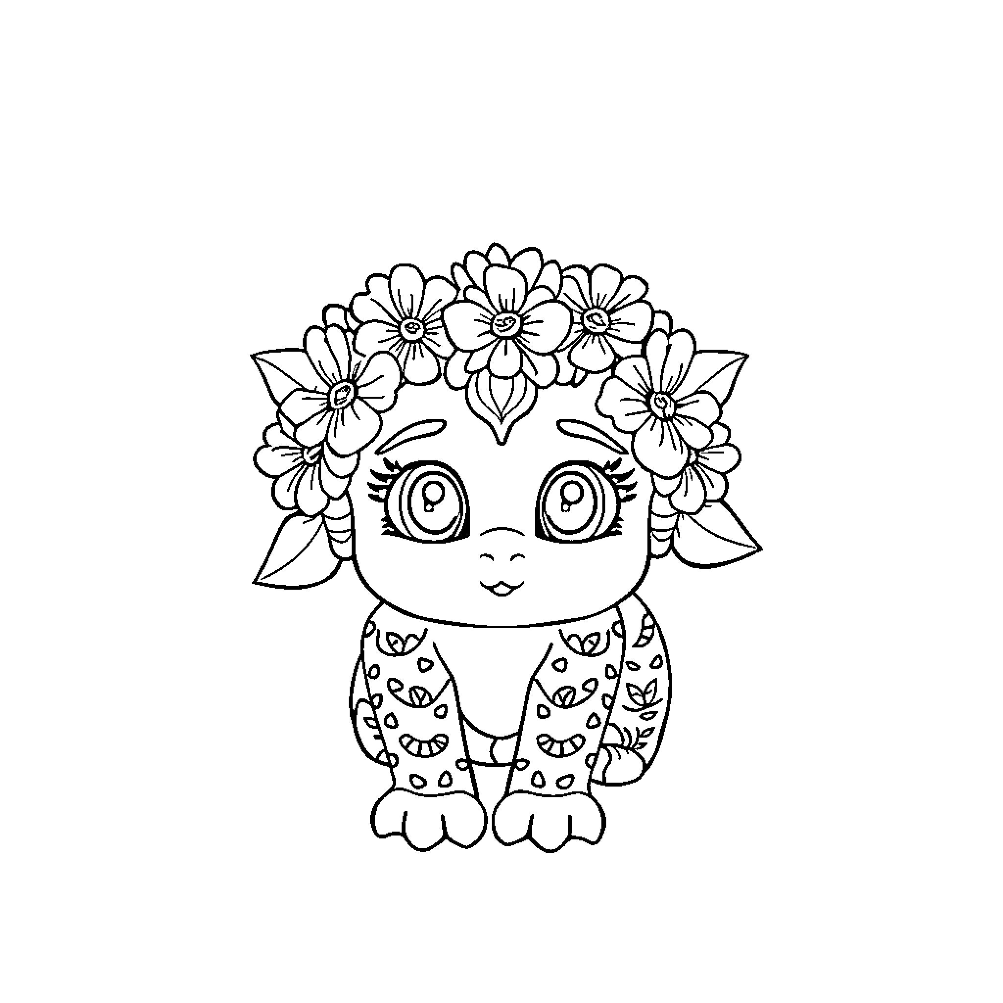 Cute cartoon character with flower crown Coloring Page (free black-and-white line drawing printable PDF for all, from beginners to advanced learners, including children, teens, adults, and seniors)