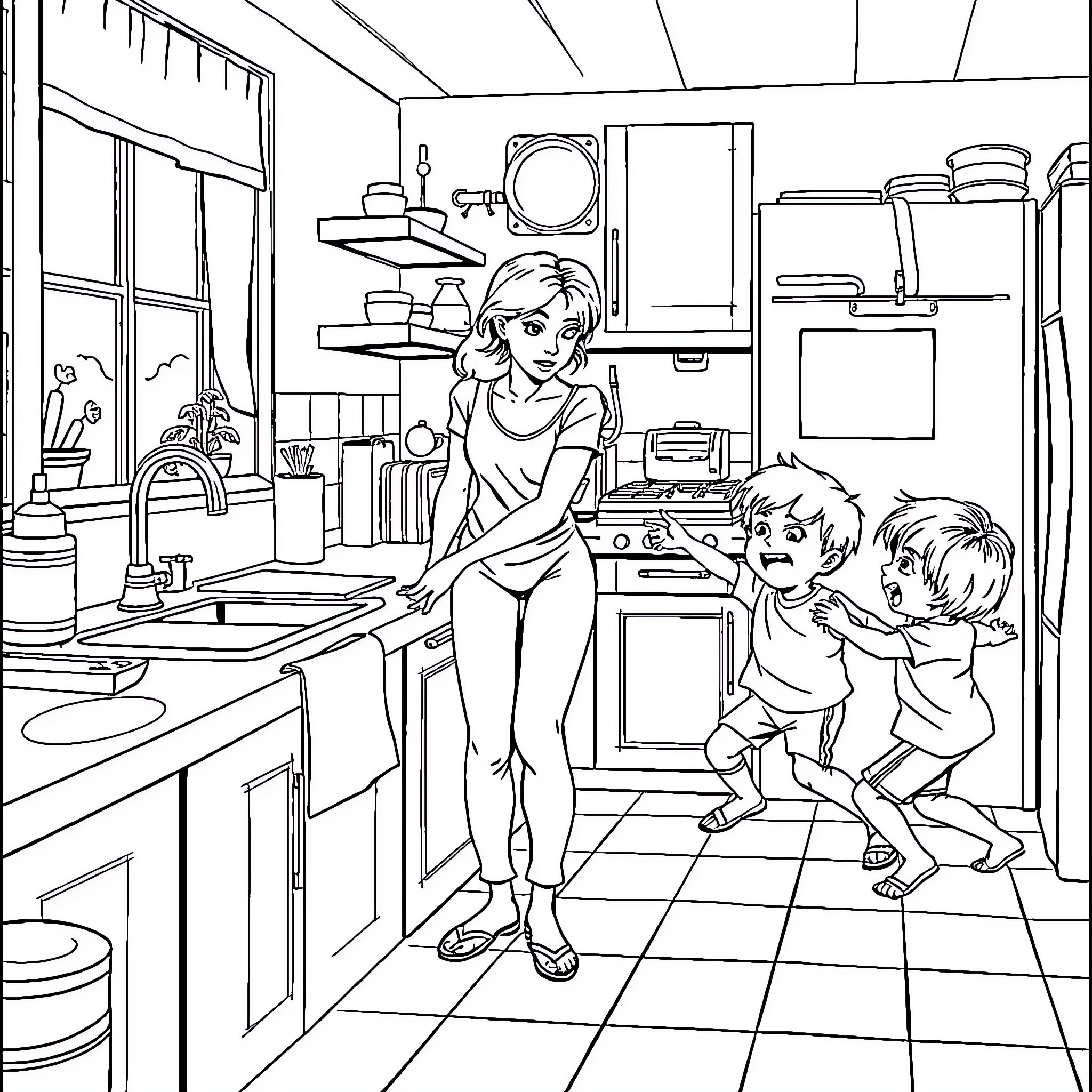 Mom cooking a meal with her children in the kitchen Coloring Page (free black-and-white line drawing printable PDF for all, from beginners to advanced learners, including children, teens, adults, and seniors)