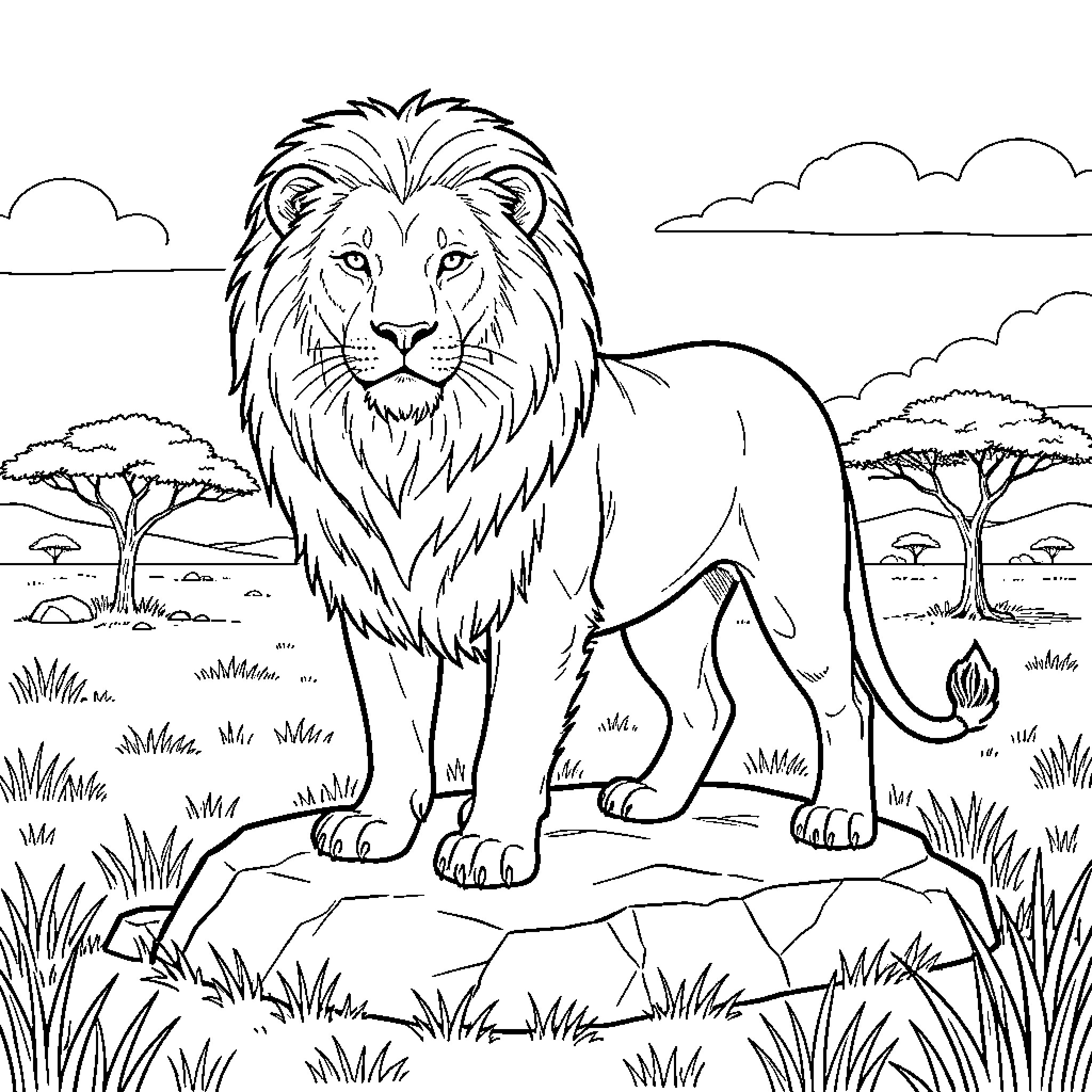 Lion Standing Proudly in the Savanna Landscape Coloring Page (free black-and-white line drawing printable PDF for all, from beginners to advanced learners, including children, teens, adults, and seniors)