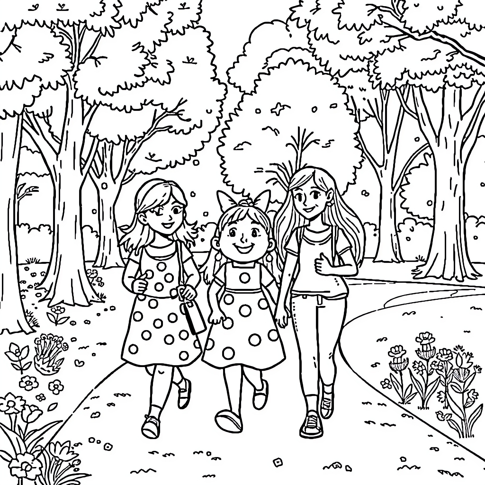 Rachel's Playful Adventure in the Forest Coloring Page (free black-and-white line drawing printable PDF for all, from beginners to advanced learners, including children, teens, adults, and seniors)