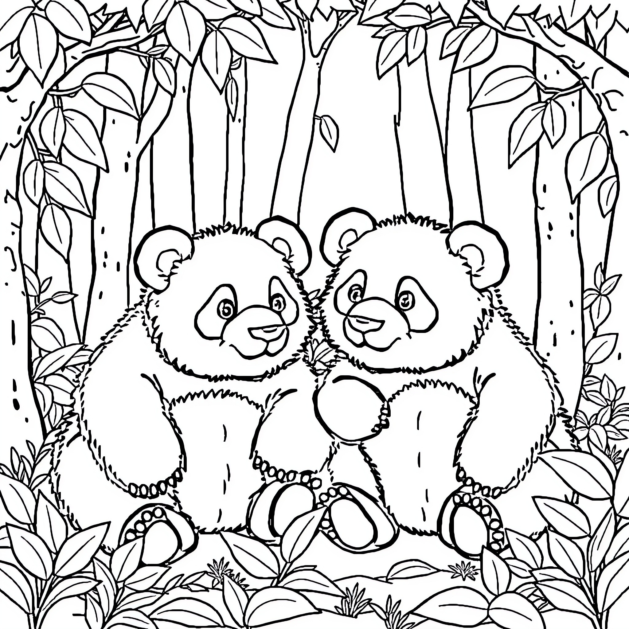 Bear cubs playing in forest Coloring Page (free black-and-white line drawing printable PDF for all, from beginners to advanced learners, including children, teens, adults, and seniors)