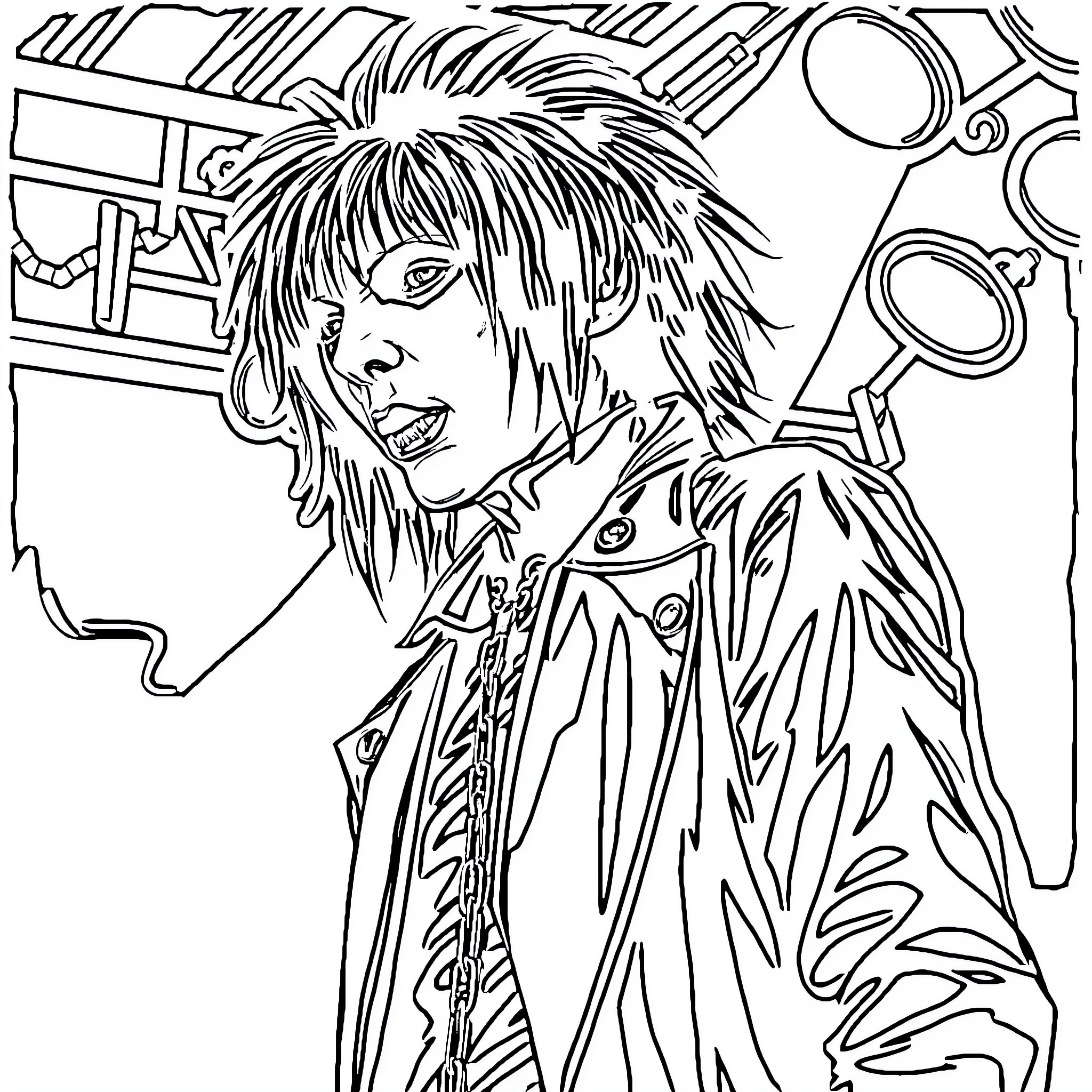 Marilyn Manson's Avant-Garde Fashion and Expressive Portrayal Coloring Page (free black-and-white line drawing printable PDF for all, from beginners to advanced learners, including children, teens, adults, and seniors)
