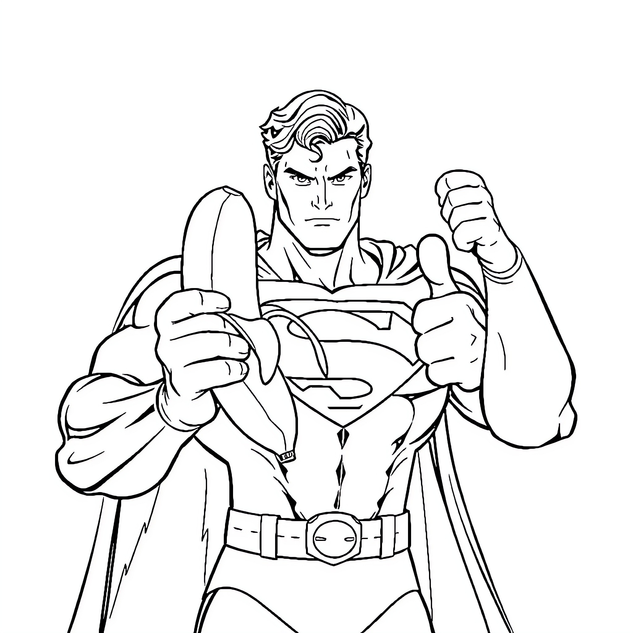 Superman in heroic action pose Coloring Page (free black-and-white line drawing printable PDF for all, from beginners to advanced learners, including children, teens, adults, and seniors)
