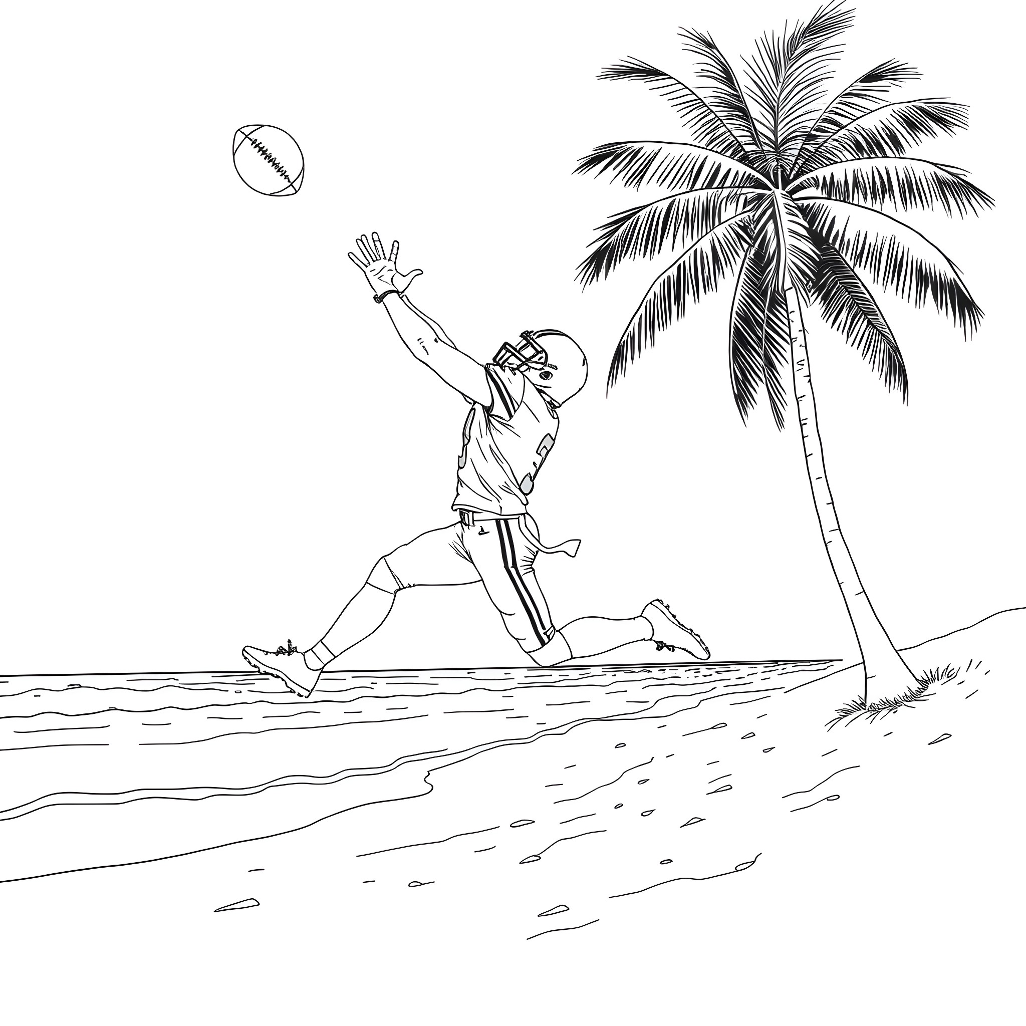 Travis Kelce playing football on a tropical beach Coloring Page (free black-and-white line drawing printable PDF for all, from beginners to advanced learners, including children, teens, adults, and seniors)