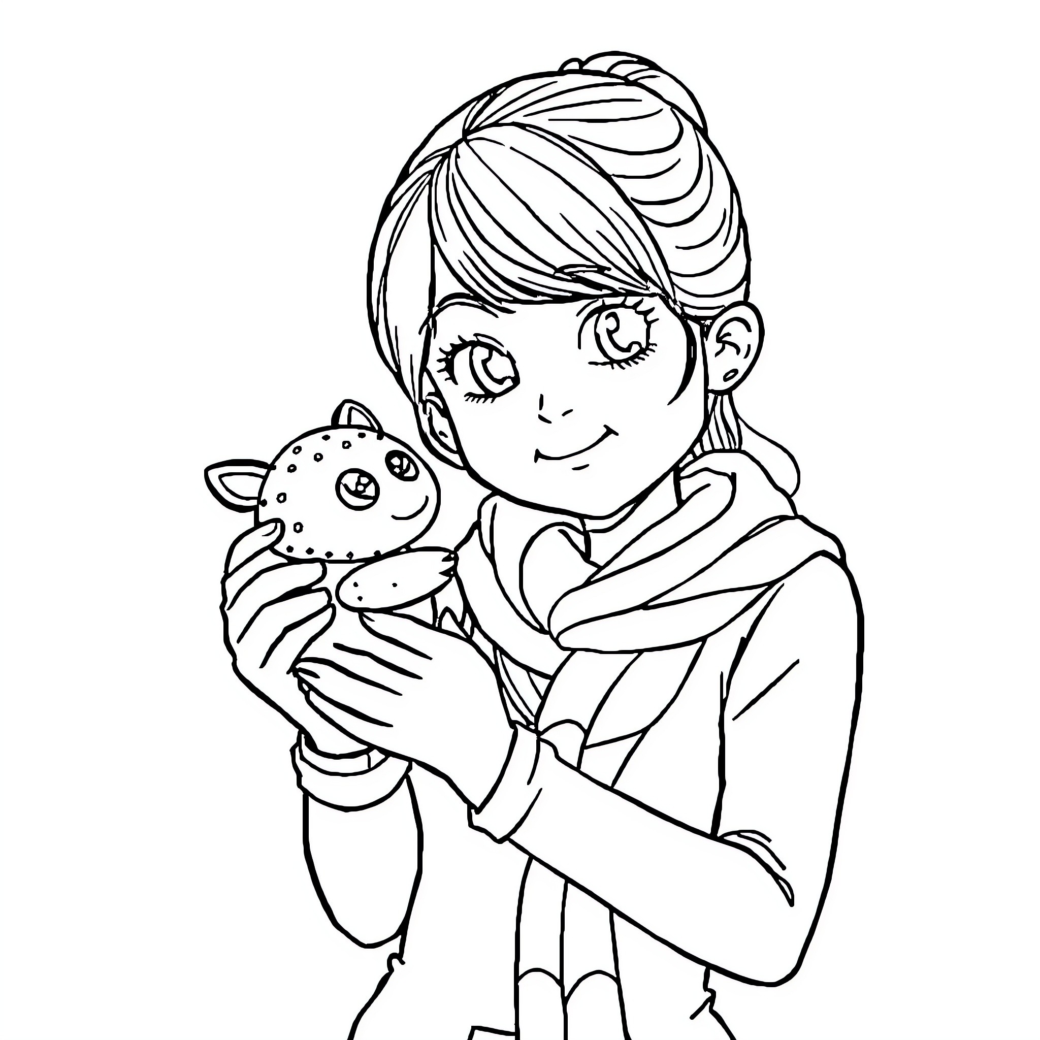 Ginny Weasley cuddling adorable creature Coloring Page (free black-and-white line drawing printable PDF for all, from beginners to advanced learners, including children, teens, adults, and seniors)