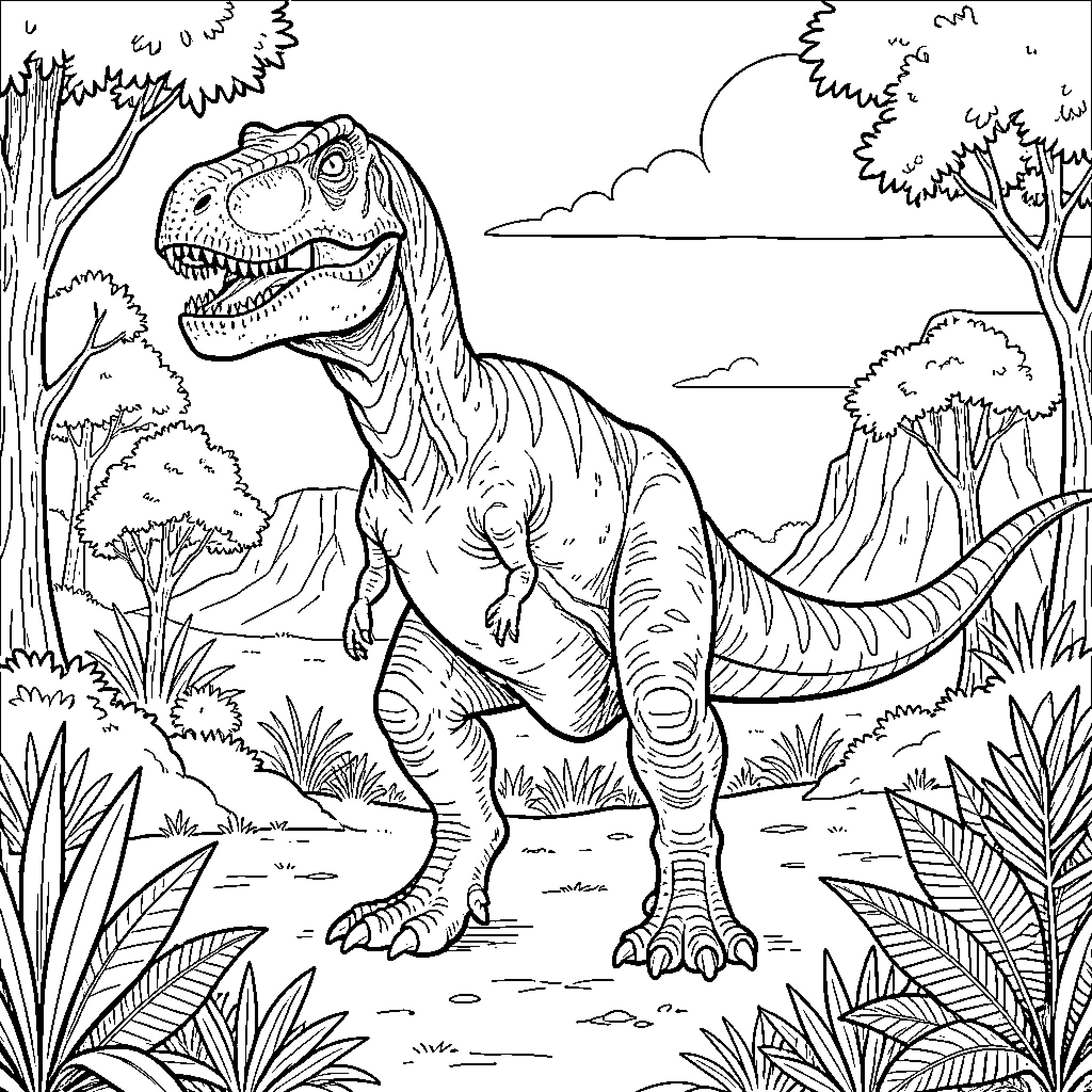 Agiganotosaurus walking through a prehistoric jungle landscape Coloring Page (free black-and-white line drawing printable PDF for all, from beginners to advanced learners, including children, teens, adults, and seniors)