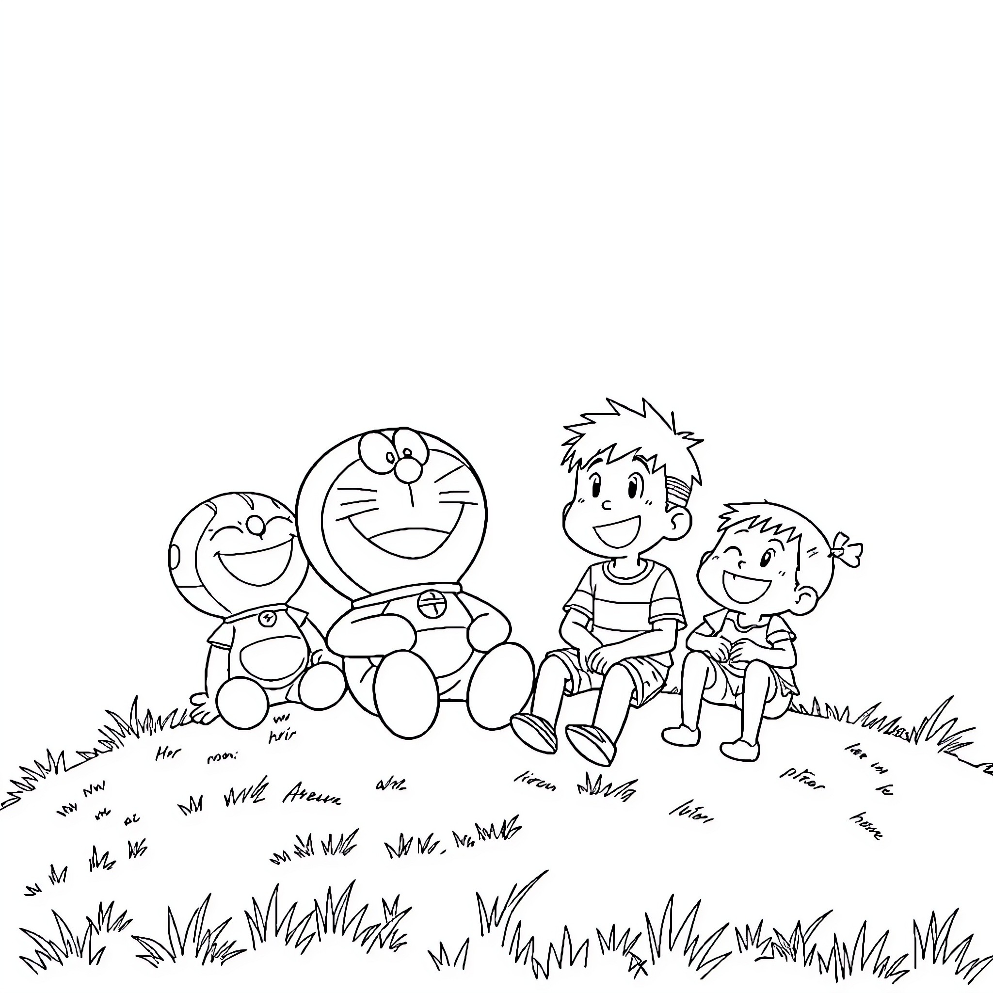 Doraemon and friends enjoying outdoor activities Coloring Page (free black-and-white line drawing printable PDF for all, from beginners to advanced learners, including children, teens, adults, and seniors)