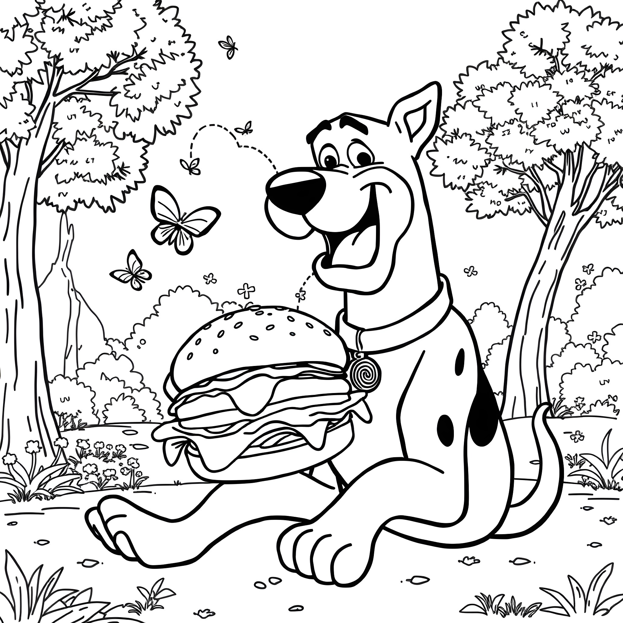 Scooby Doo enjoying a tasty hamburger in the forest Coloring Page (free black-and-white line drawing printable PDF for all, from beginners to advanced learners, including children, teens, adults, and seniors)