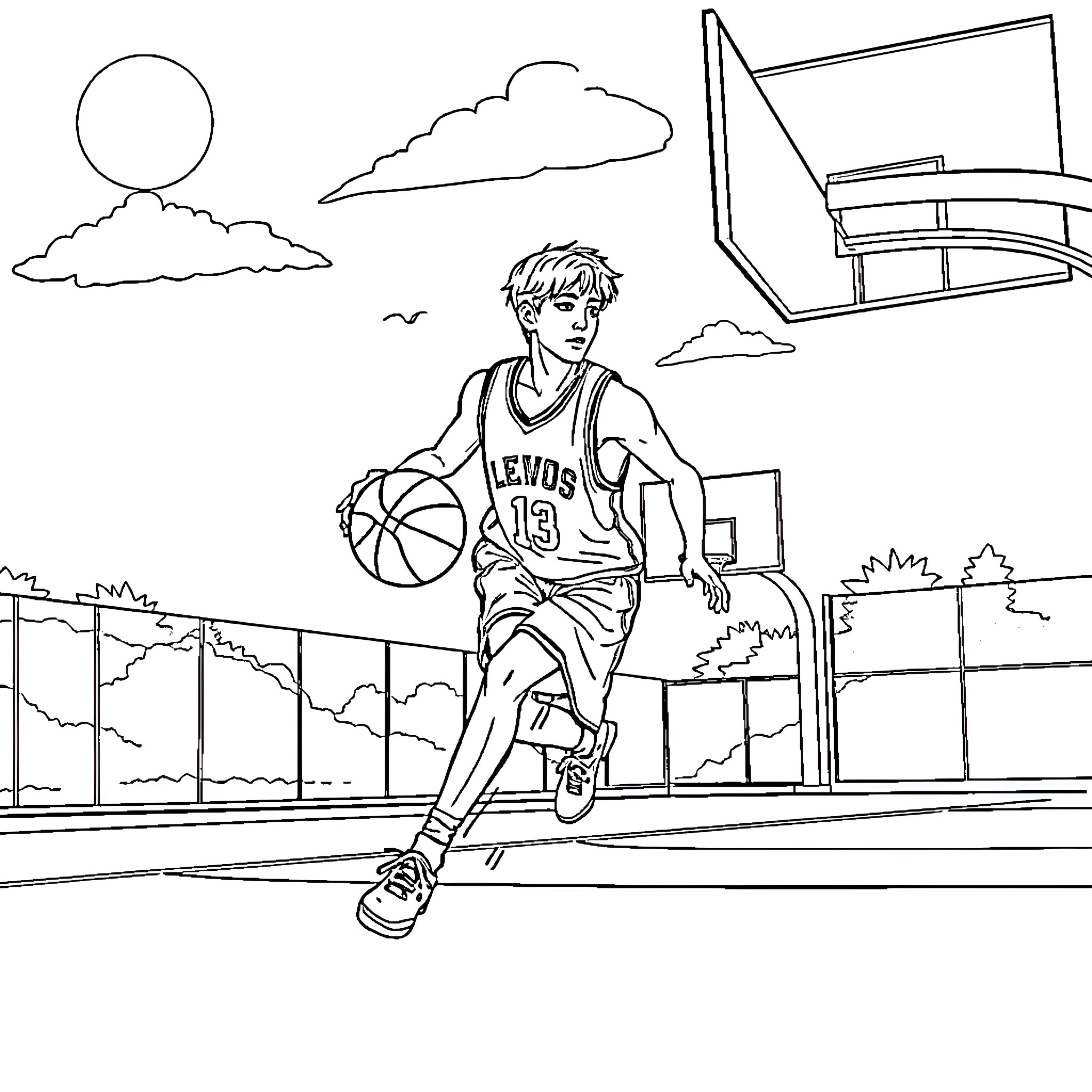 Jimin playing basketball on the outdoor court Coloring Page (free black-and-white line drawing printable PDF for all, from beginners to advanced learners, including children, teens, adults, and seniors)