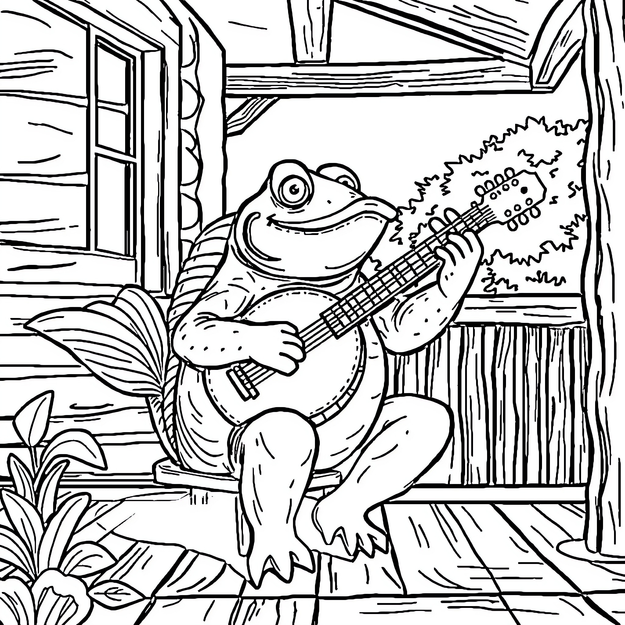 Catfish Playing Guitar in a Cozy Cabin Coloring Page (free black-and-white line drawing printable PDF for all, from beginners to advanced learners, including children, teens, adults, and seniors)