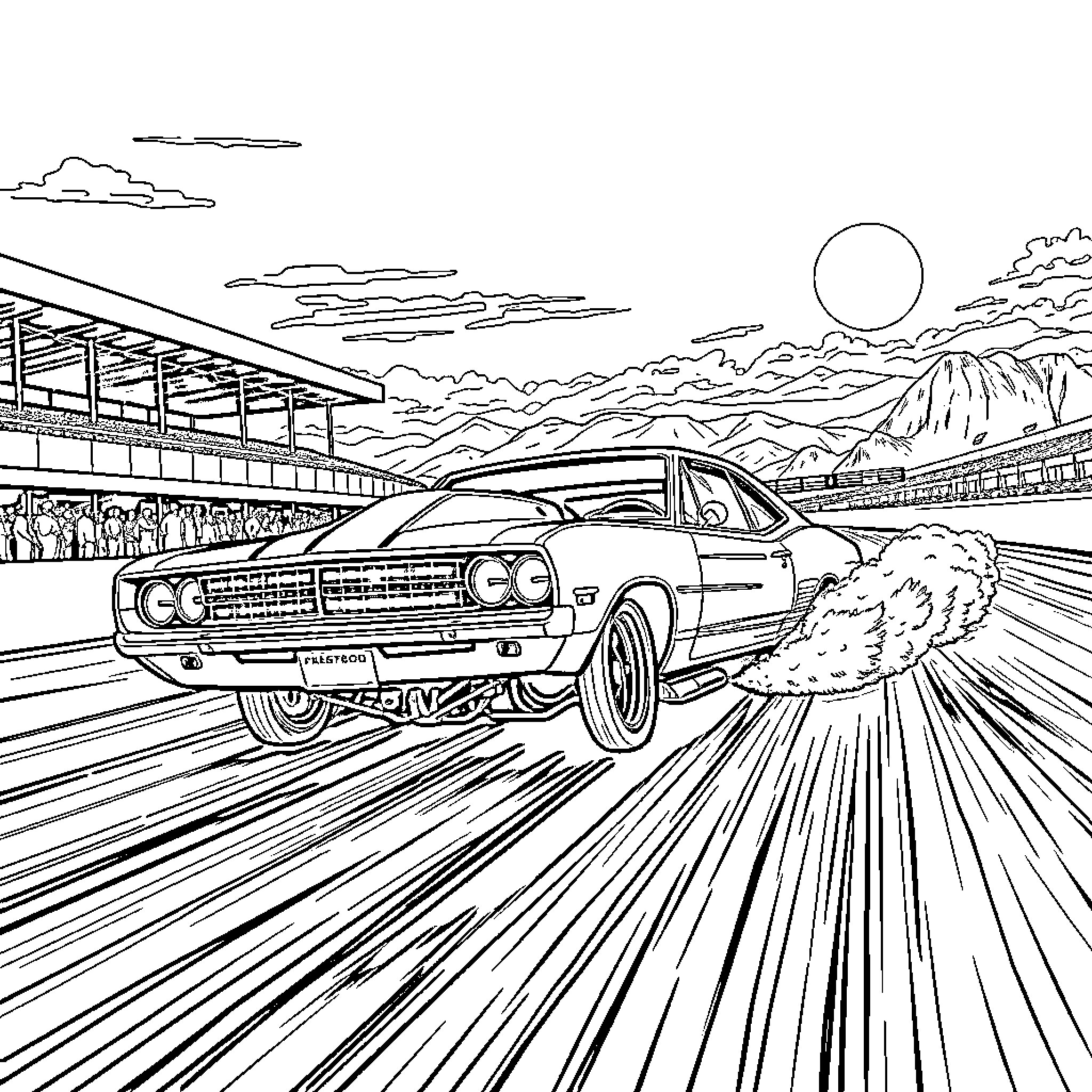 Drag Race Car speeding down the track Coloring Page (free black-and-white line drawing printable PDF for all, from beginners to advanced learners, including children, teens, adults, and seniors)
