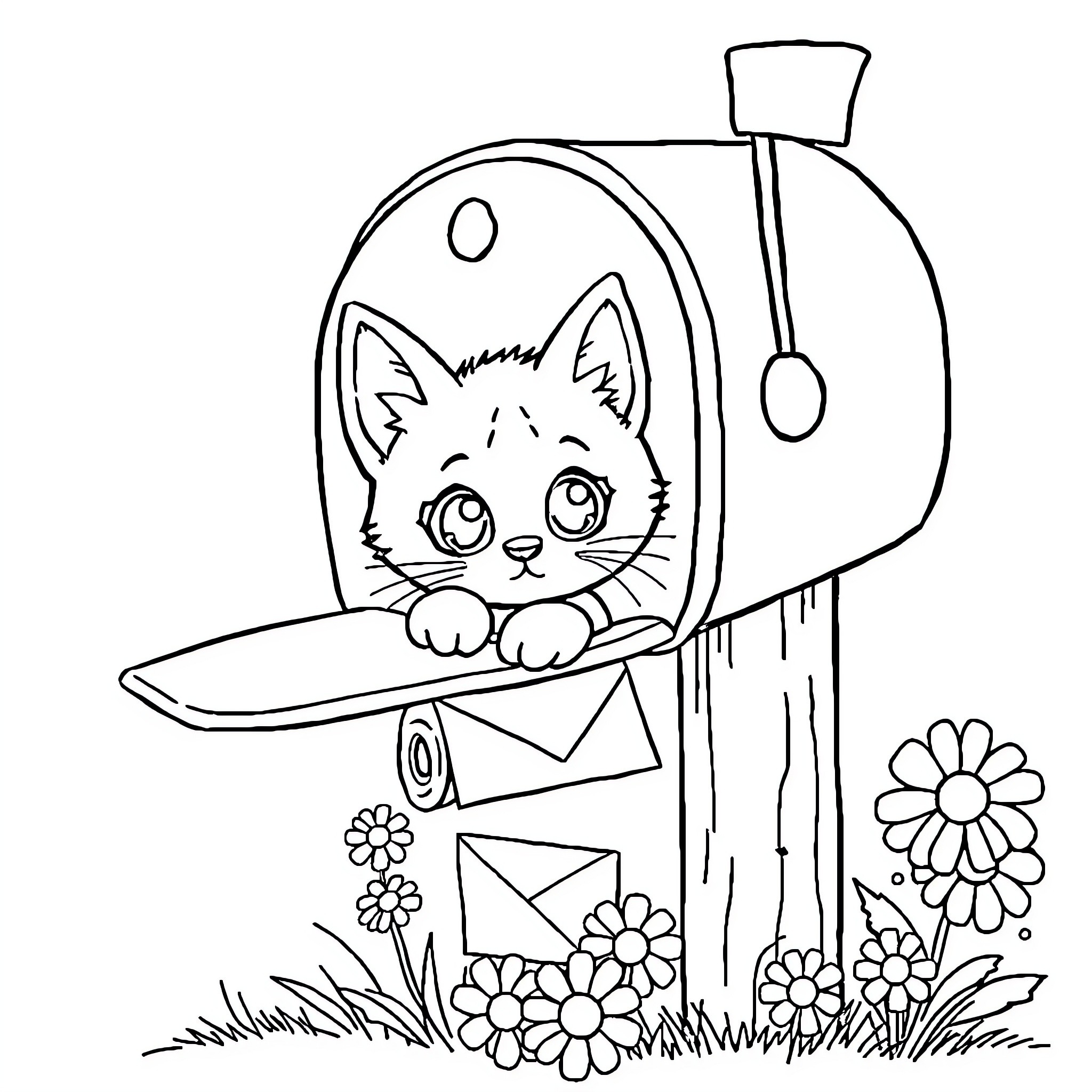 Kitten peeking out from a mailbox Coloring Page (free black-and-white line drawing printable PDF for all, from beginners to advanced learners, including children, teens, adults, and seniors)