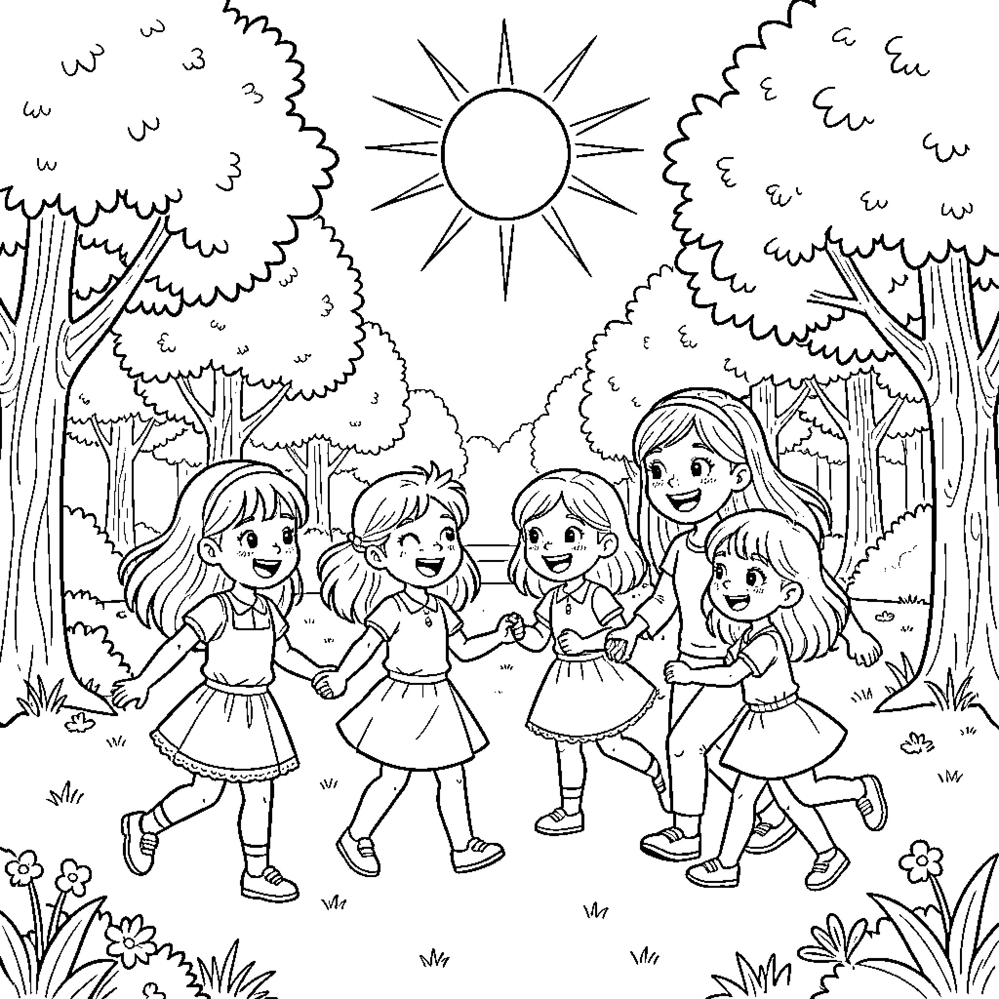 Child friends enjoying nature outdoors Coloring Page (free black-and-white line drawing printable PDF for all, from beginners to advanced learners, including children, teens, adults, and seniors)