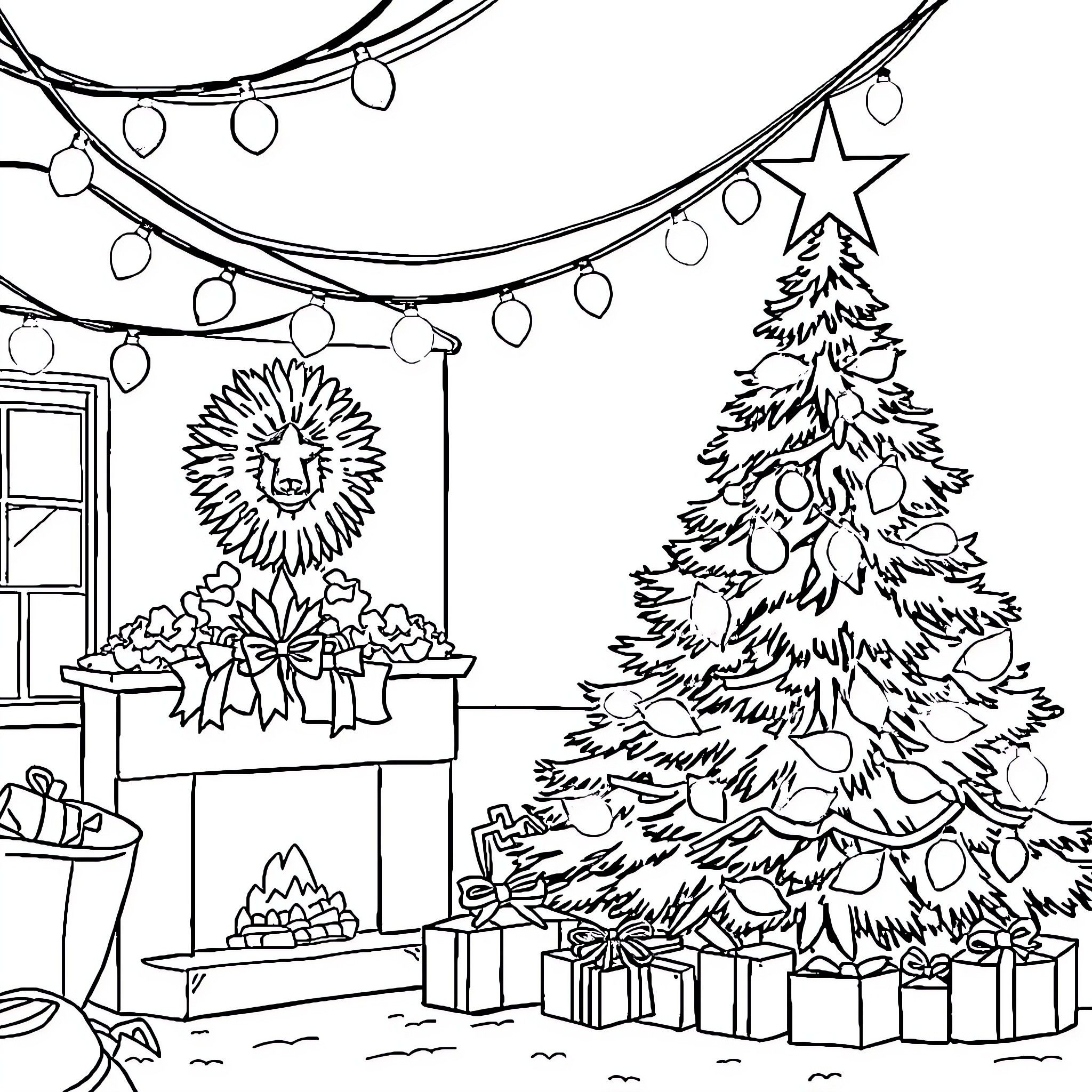 Christmas Festive Decor and Gifts in Living Room Coloring Page (free black-and-white line drawing printable PDF for all, from beginners to advanced learners, including children, teens, adults, and seniors)