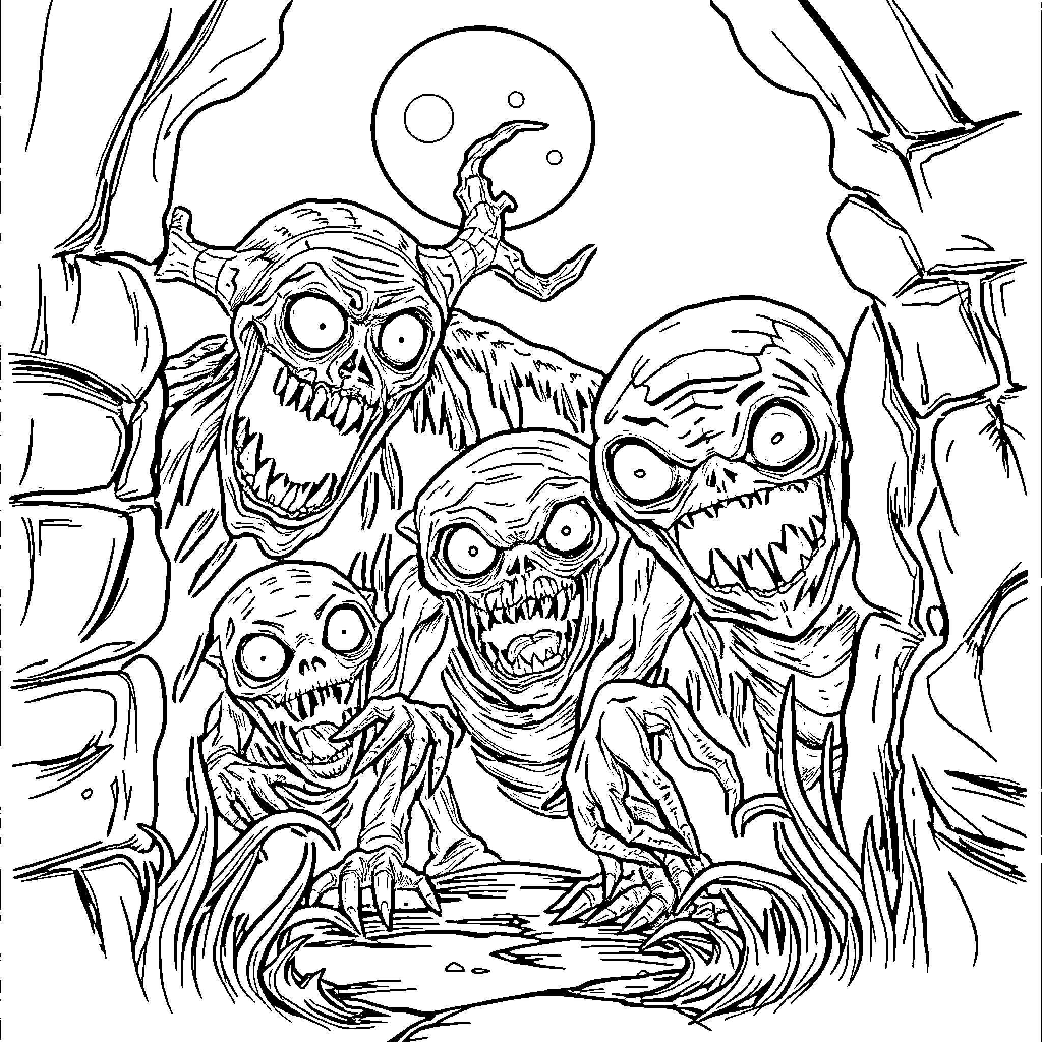 Monster Creatures Emerging from Shadows Coloring Page (free black-and-white line drawing printable PDF for all, from beginners to advanced learners, including children, teens, adults, and seniors)