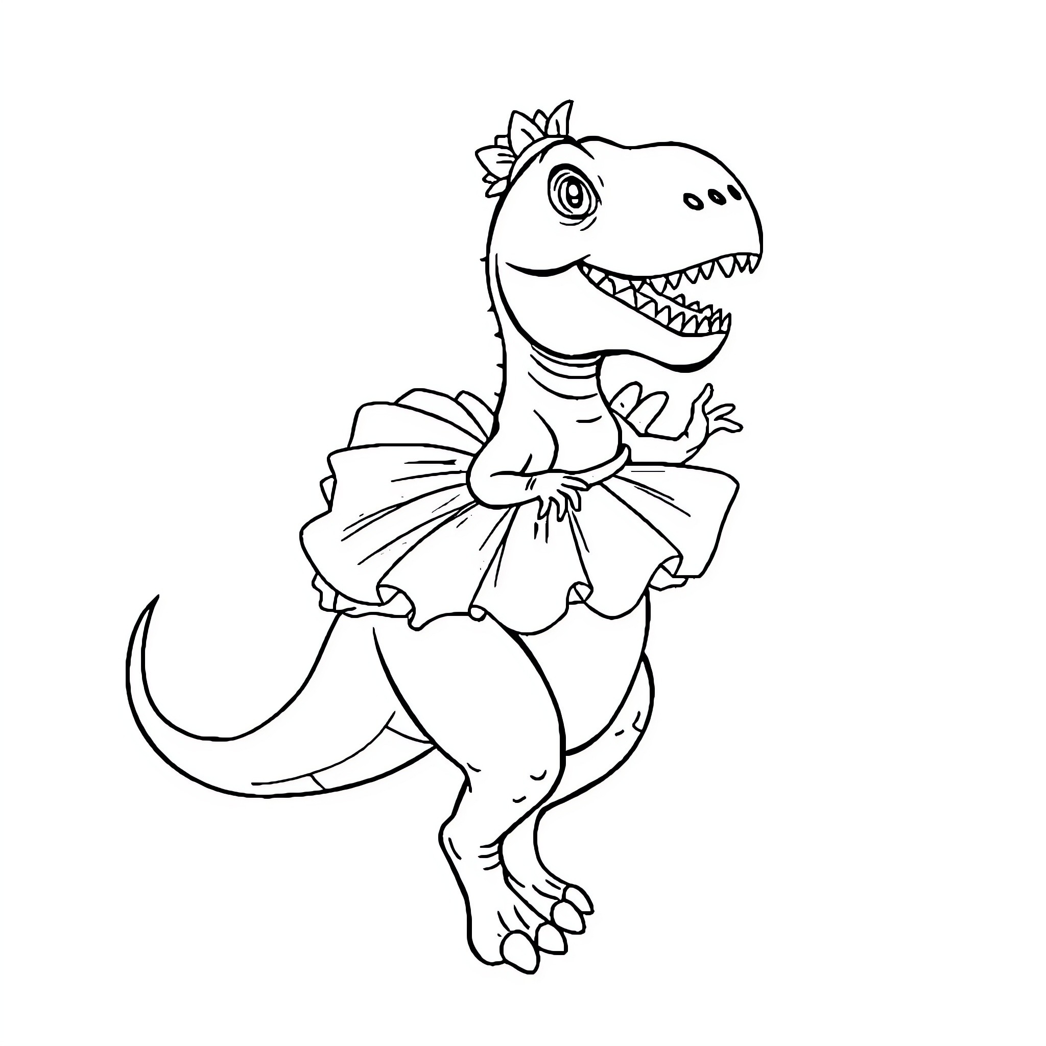 Dinosaur wearing a ballerina tutu Coloring Page (free black-and-white line drawing printable PDF for all, from beginners to advanced learners, including children, teens, adults, and seniors)