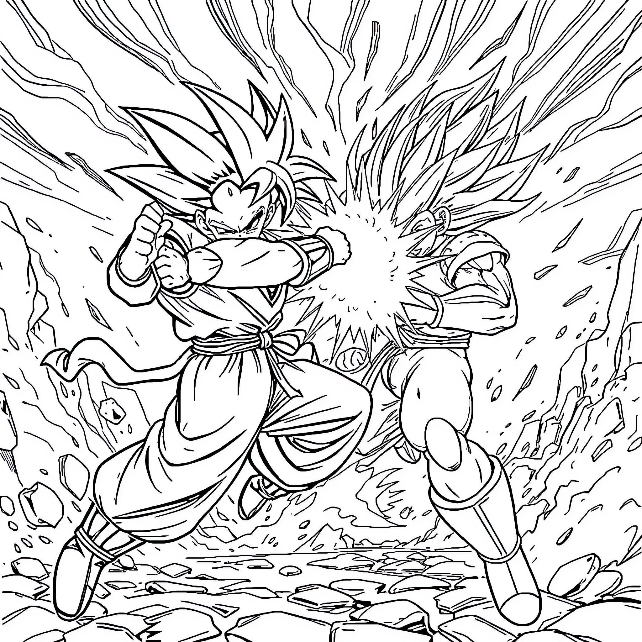 Goku's Intense Battle with Fierce Opponent Coloring Page (free black-and-white line drawing printable PDF for all, from beginners to advanced learners, including children, teens, adults, and seniors)