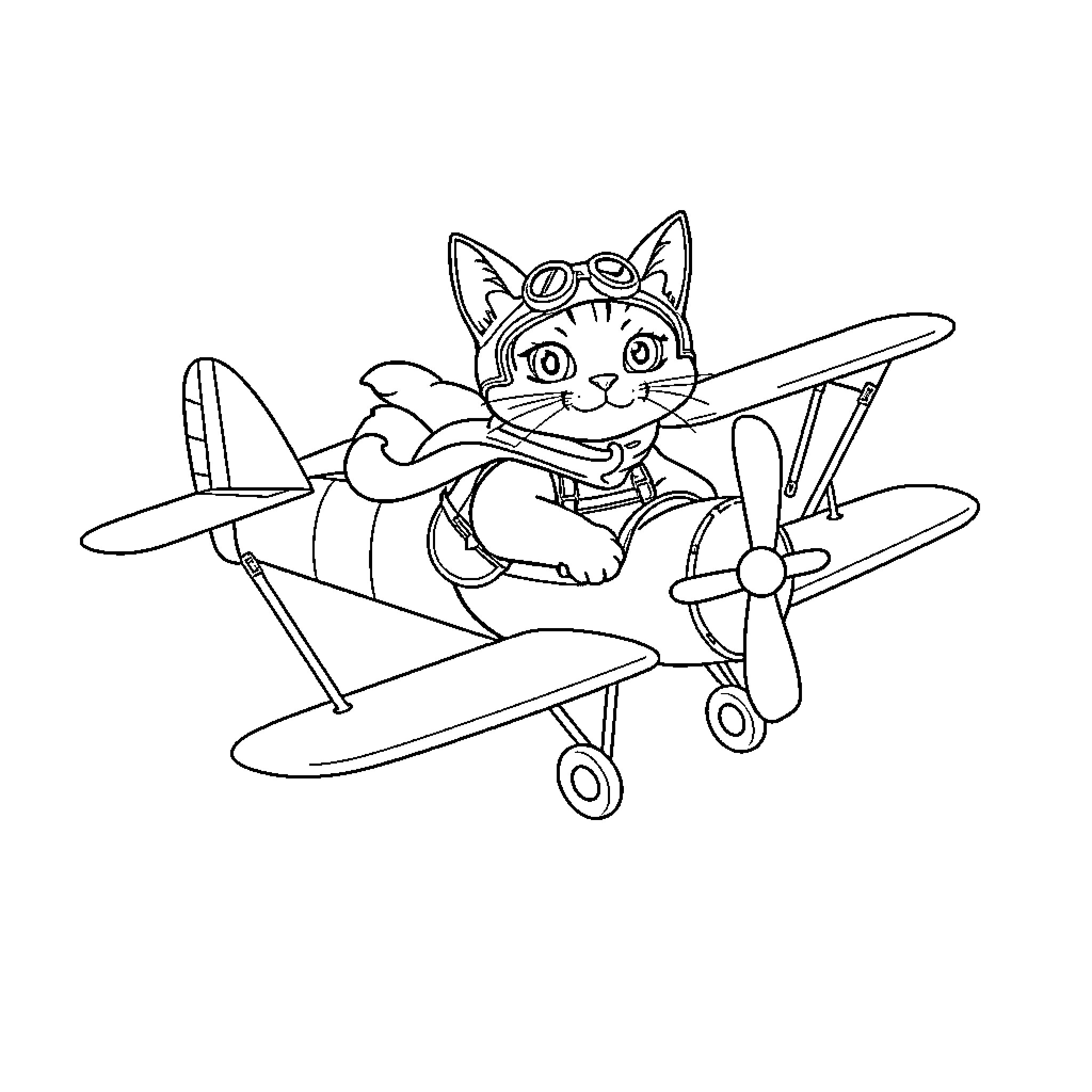 Cat pilot flying an airplane Coloring Page (free black-and-white line drawing printable PDF for all, from beginners to advanced learners, including children, teens, adults, and seniors)