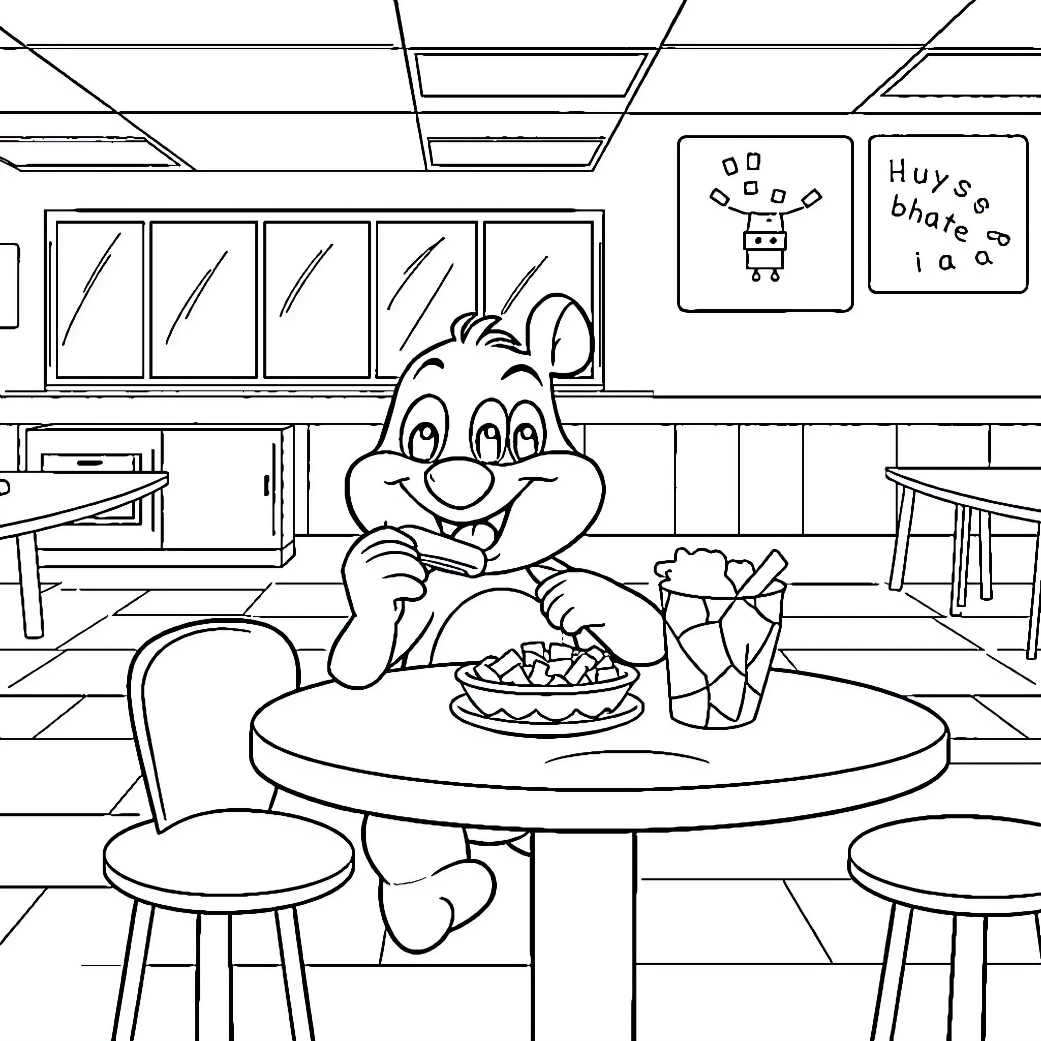 Bluey enjoying a snack in a classroom setting Coloring Page (free black-and-white line drawing printable PDF for all, from beginners to advanced learners, including children, teens, adults, and seniors)