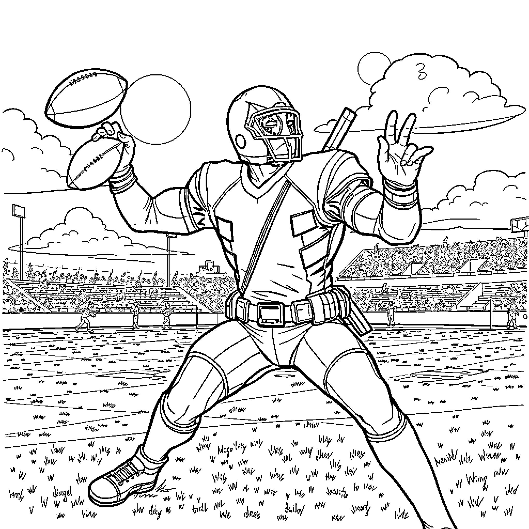 Deadpool Playing Football on the Field Coloring Page (free black-and-white line drawing printable PDF for all, from beginners to advanced learners, including children, teens, adults, and seniors)